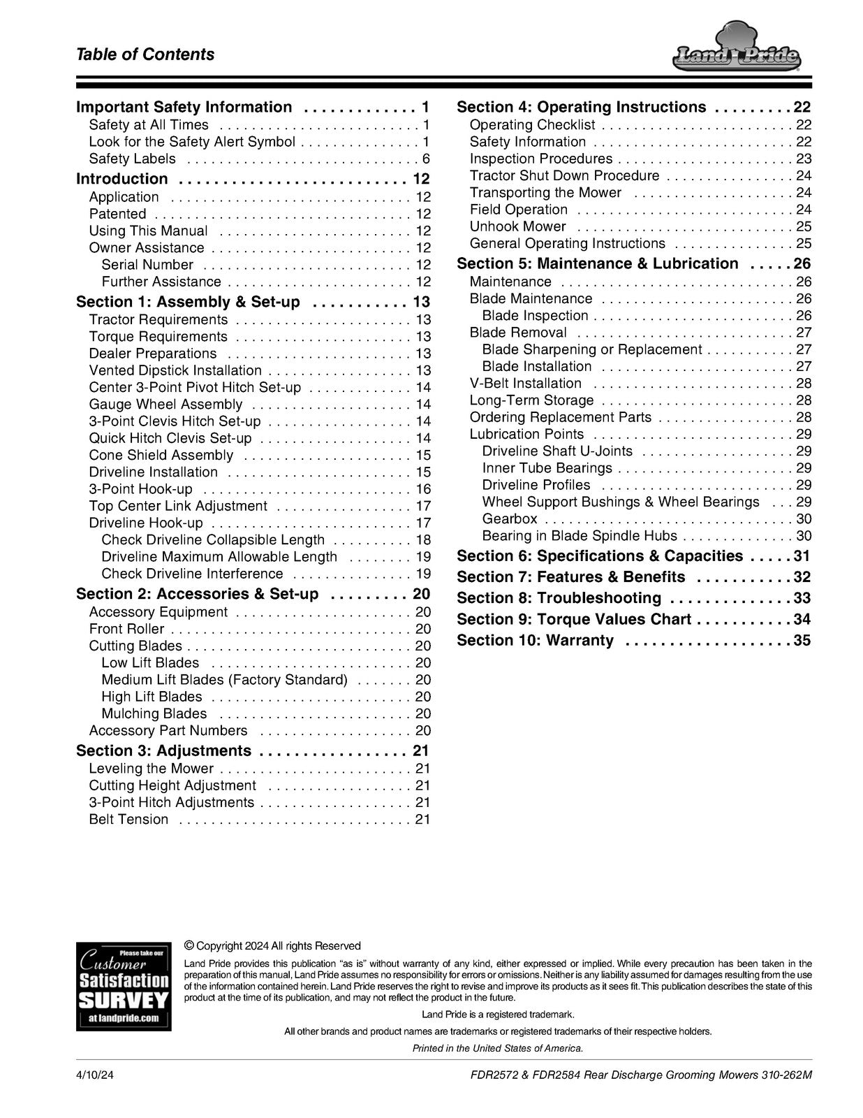 LAND PRIDE FDR2572 FDR2584 Grooming Mowers Operators Manual 2024 - WIRE BOUND