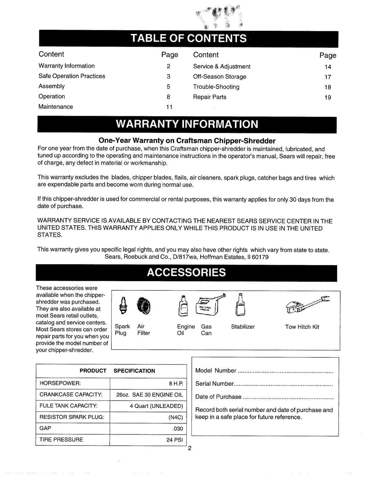 CRAFTSMAN 247775860 Chipper-Shredder Owners Manual - WIRE BOUND - TOUGH COVERS