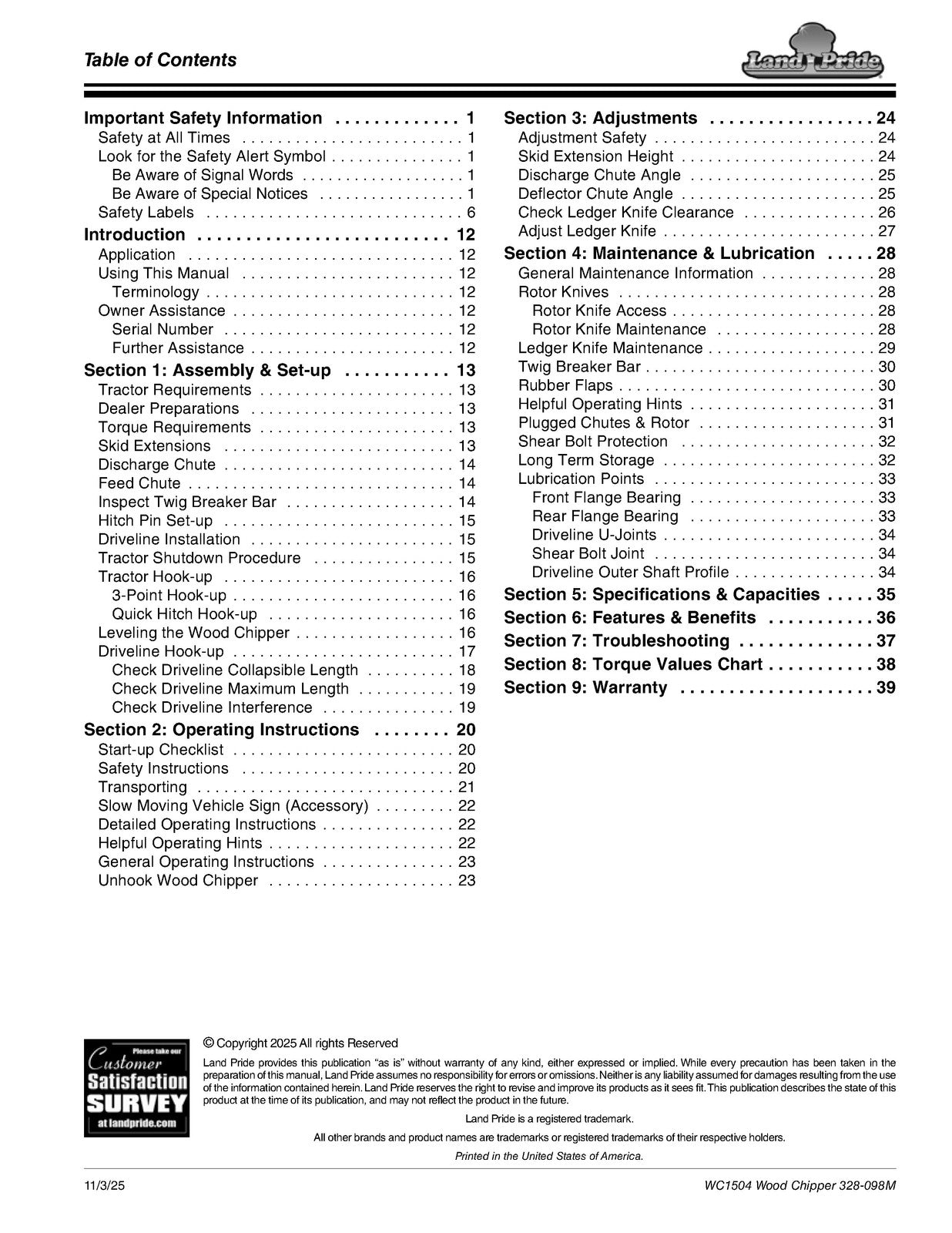LAND PRIDE WC1504 Wood Chippers Operators Manual - WIRE BOUND - TOUGH COVERS