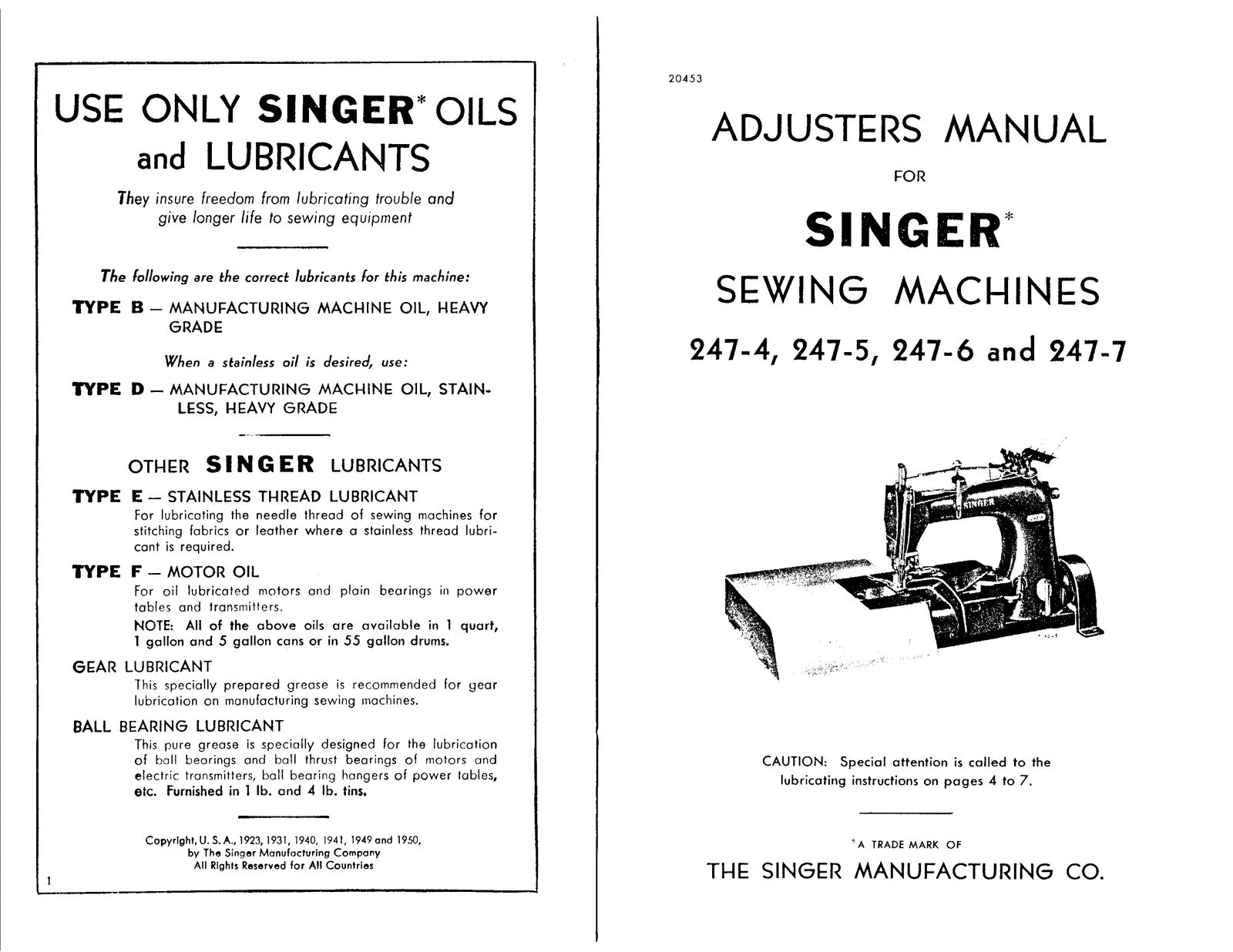 SINGER 247-4 To 247-7 Sewing Machine Service Manual - WIRE BOUND - TOUGH COVERS