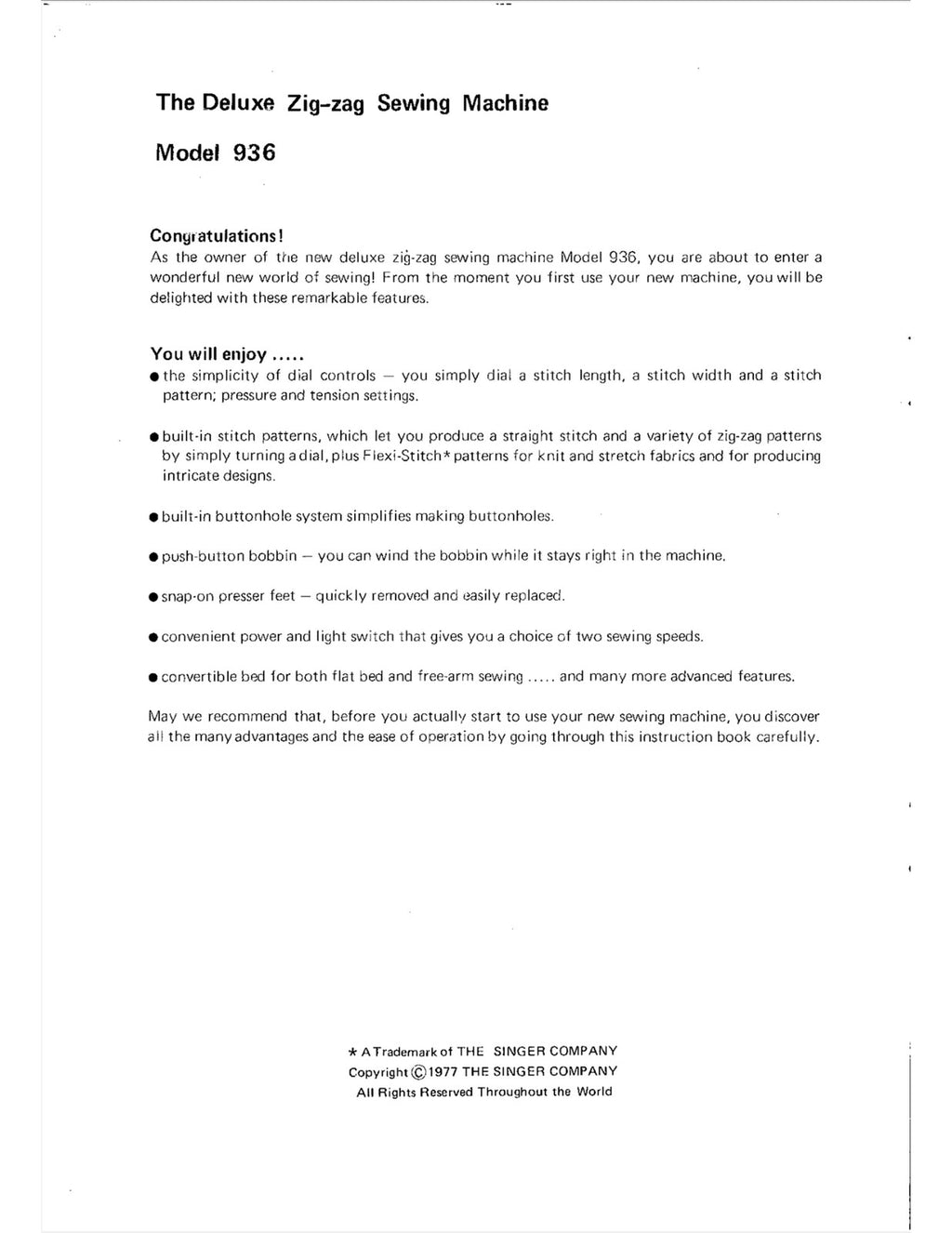 SINGER 936 Sewing Machine Manual - WIRE BOUND- TOUGH COVERS - XL FOLDOUT DIAGRAM