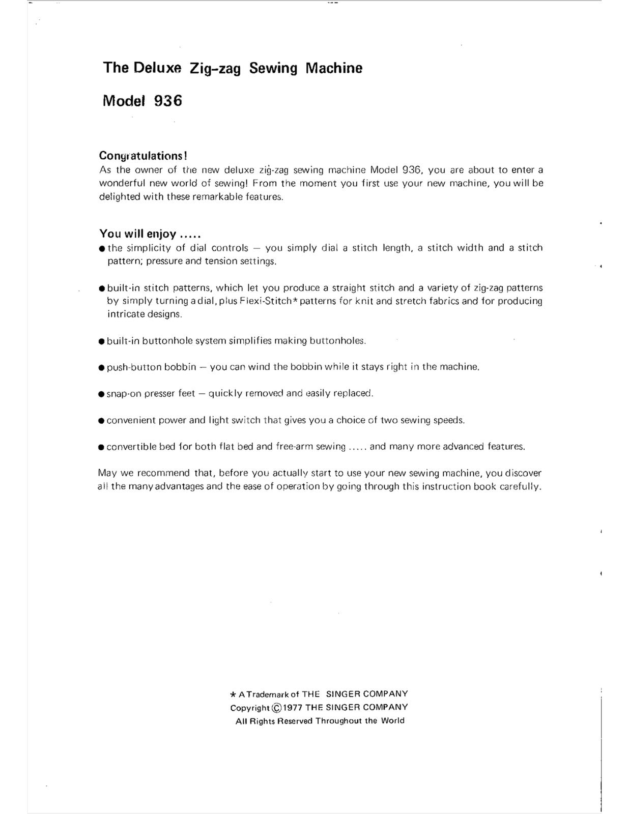 SINGER 936 Sewing Machine Manual - WIRE BOUND- TOUGH COVERS - XL FOLDOUT DIAGRAM