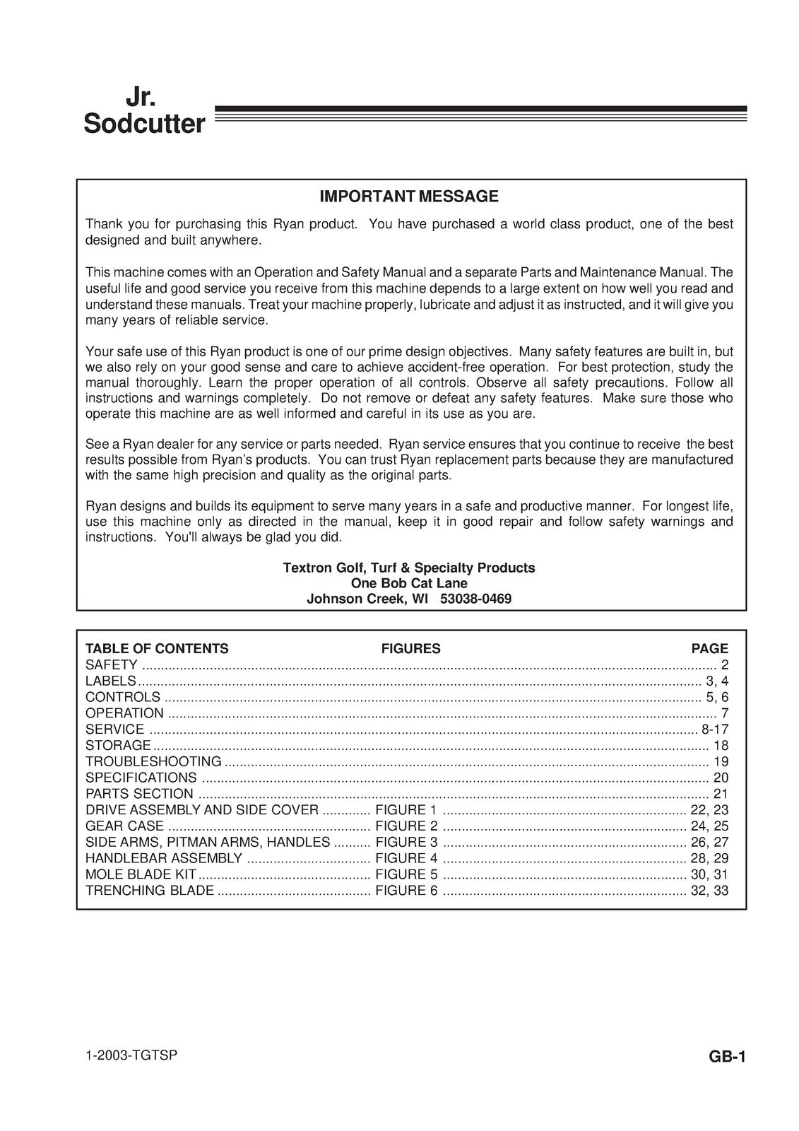 RYAN JR SODCUTTER 544844D 544845D 544944A 544945A Service And Parts Manual