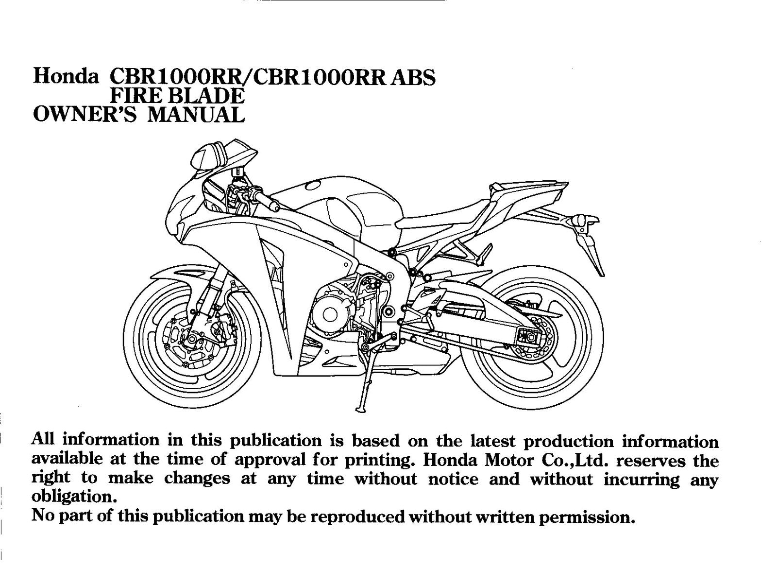 HONDA CBR1000RR CBR1000RR ABS Fire Blade Owners Manual 2008 - WIRE BOUND