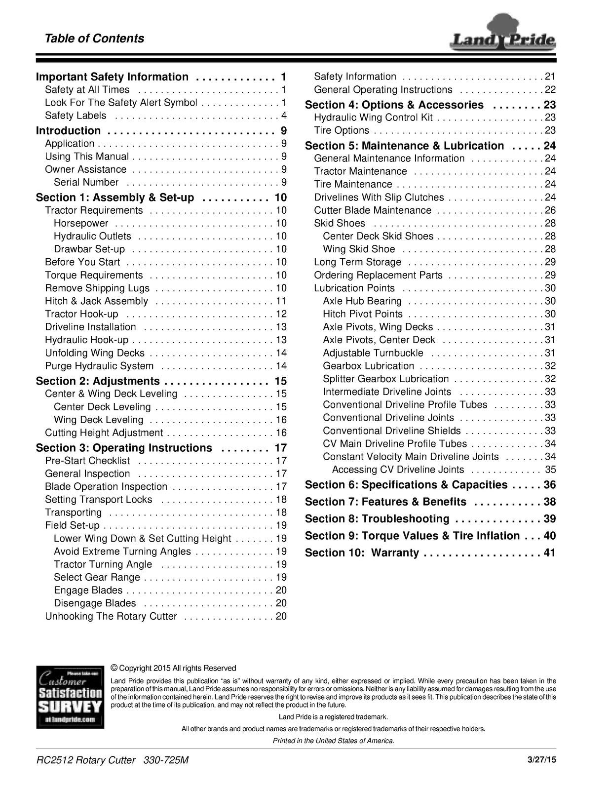 LAND PRIDE RC2512 Rotary Cutters Operators Manual 2015 - WIRE BOUND - COVERS