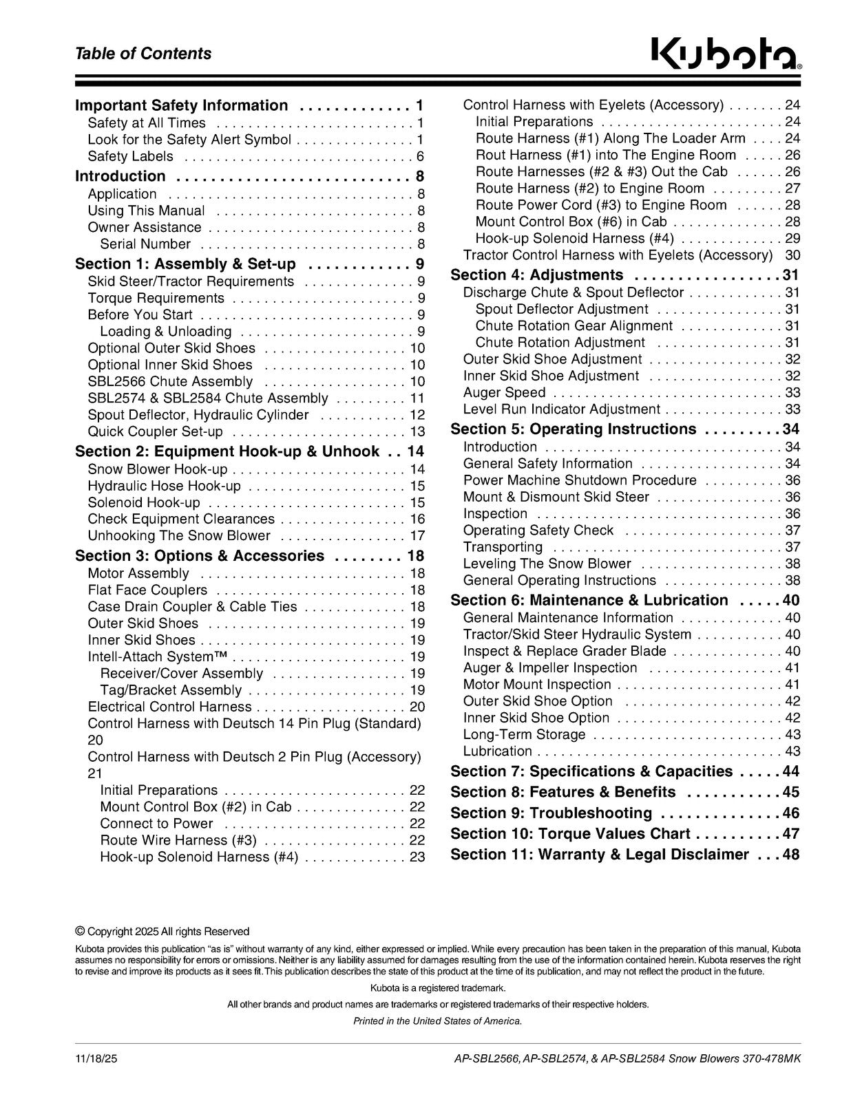 LAND PRIDE SBL25 Series Snow Blowers Operators Manual - WIRE BOUND - COVERS