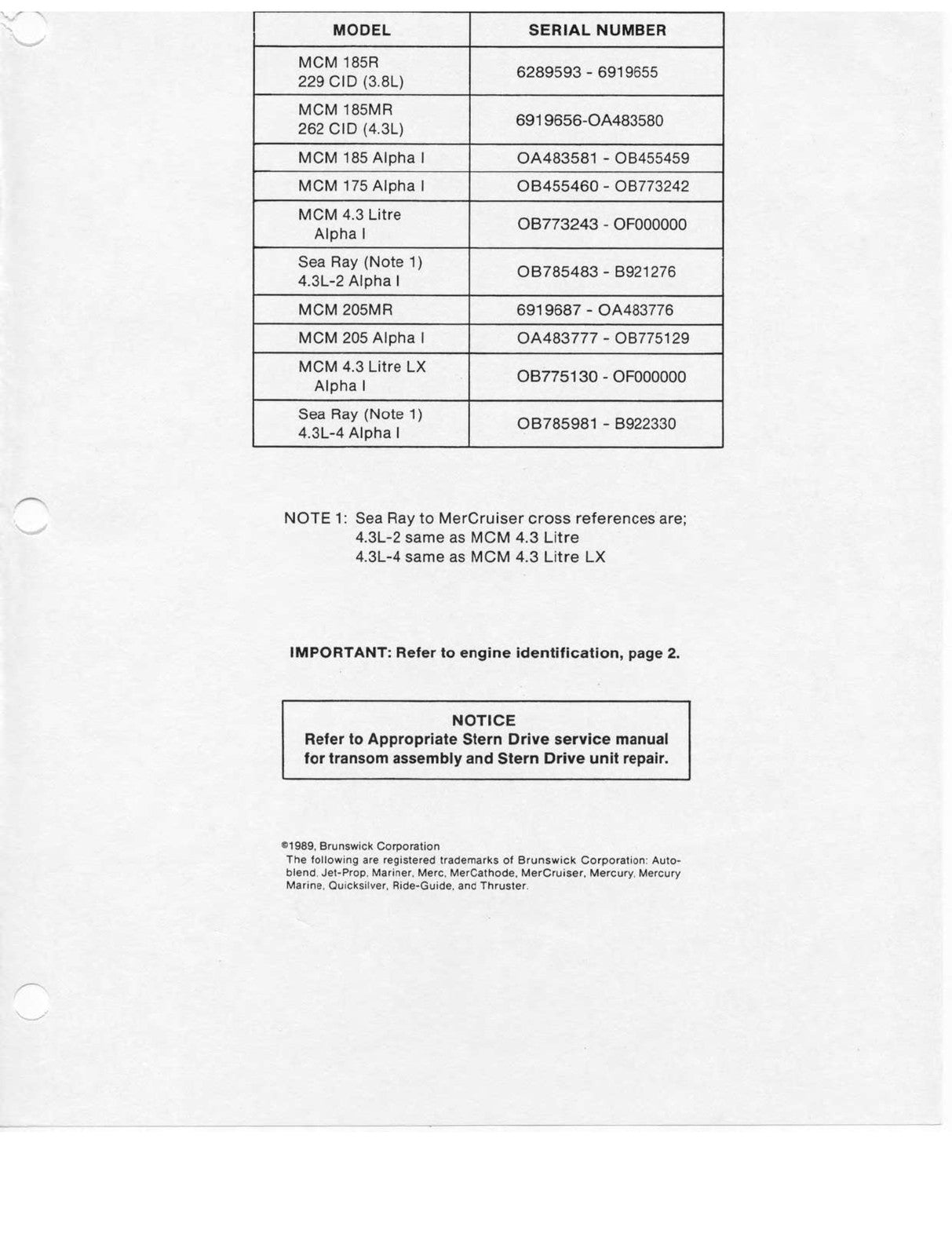 MERCURY MERCRUISER GM V-6 229 262 MCM 185R 185MR 205MR Service Manual 1994