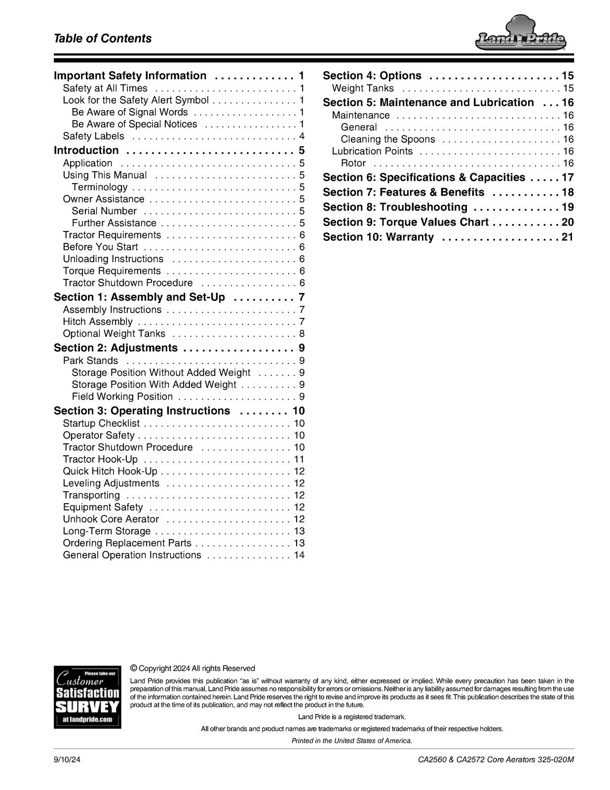 LAND PRIDE CA25 Series Core Aerators Operators Manual - WIRE BOUND - COVERS