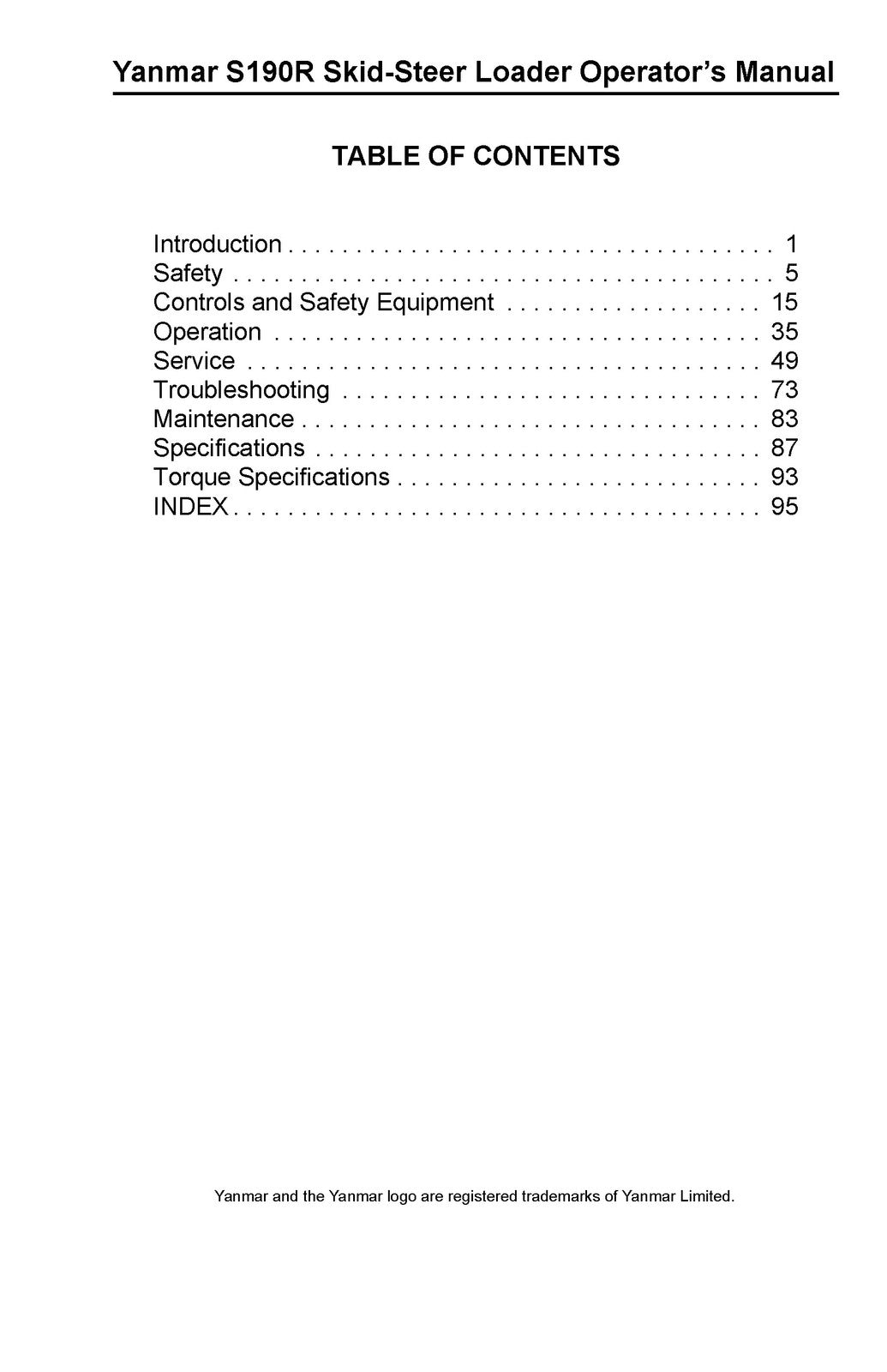YANMAR S190R Skid-Steer Loader Operation  Maintenance Manual - WIRE BOUND