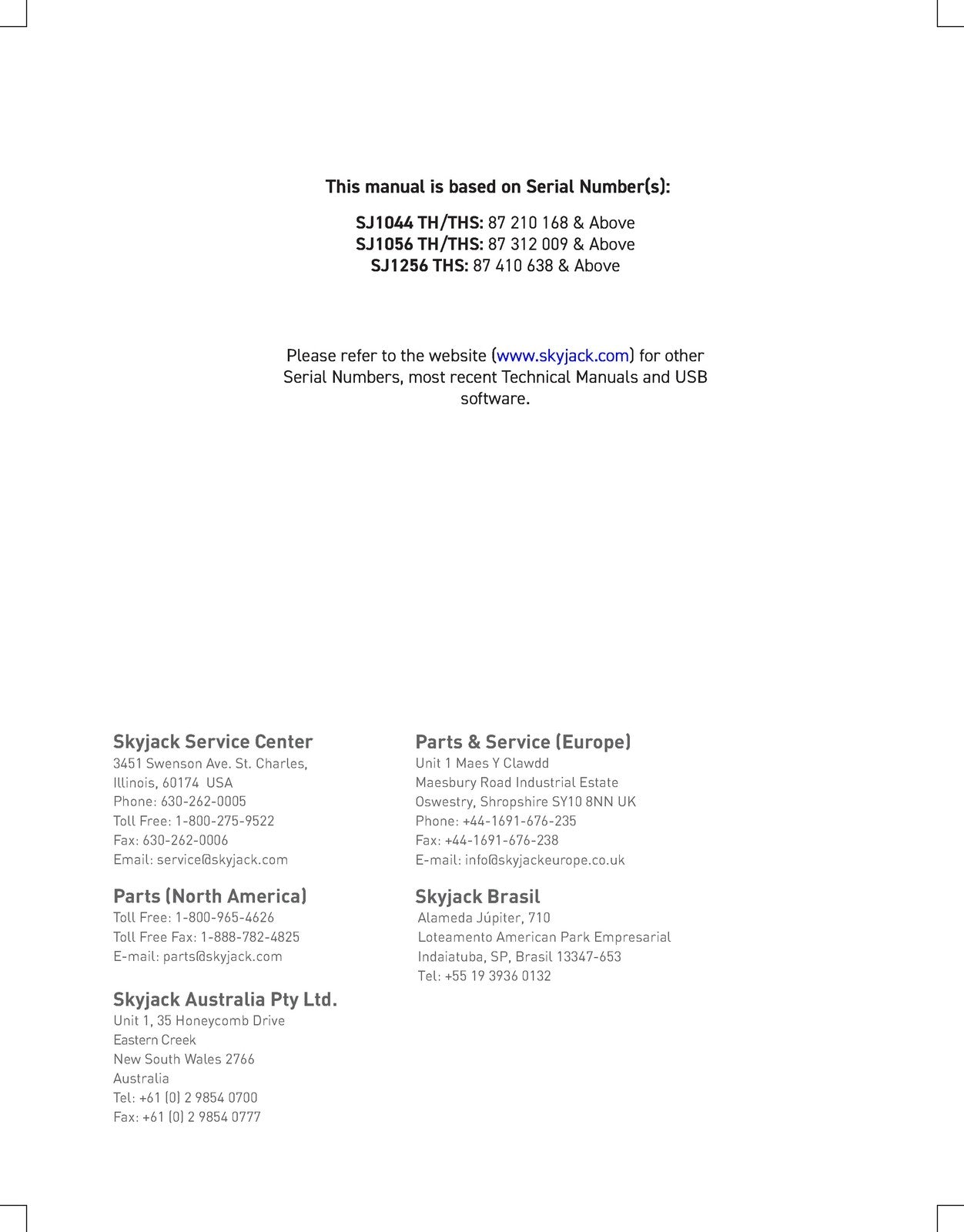 SKYJACK Telehandlers SJ1044 SJ1056 TH THS SJ1256 Service Manual, FOLDOUTS