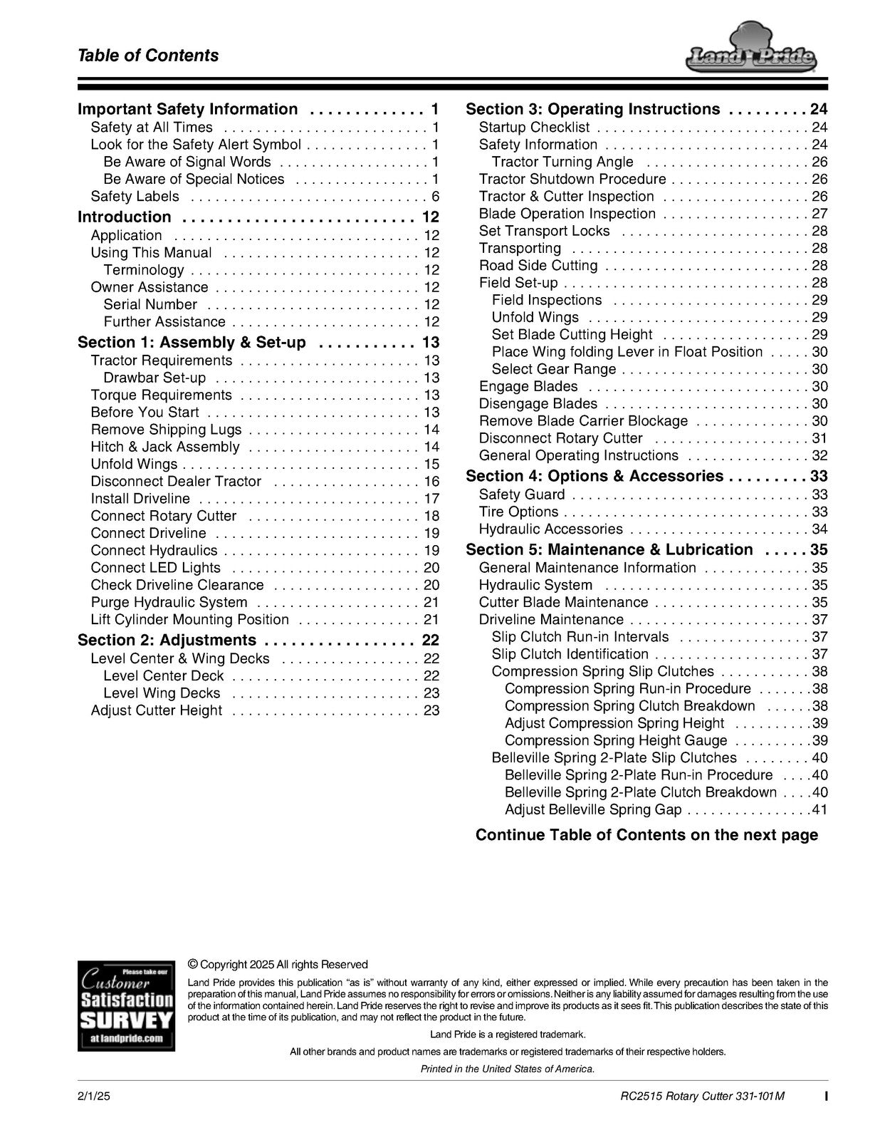 LAND PRIDE RC2515 Rotary Cutters Operators Manual - WIRE BOUND - TOUGH COVERS