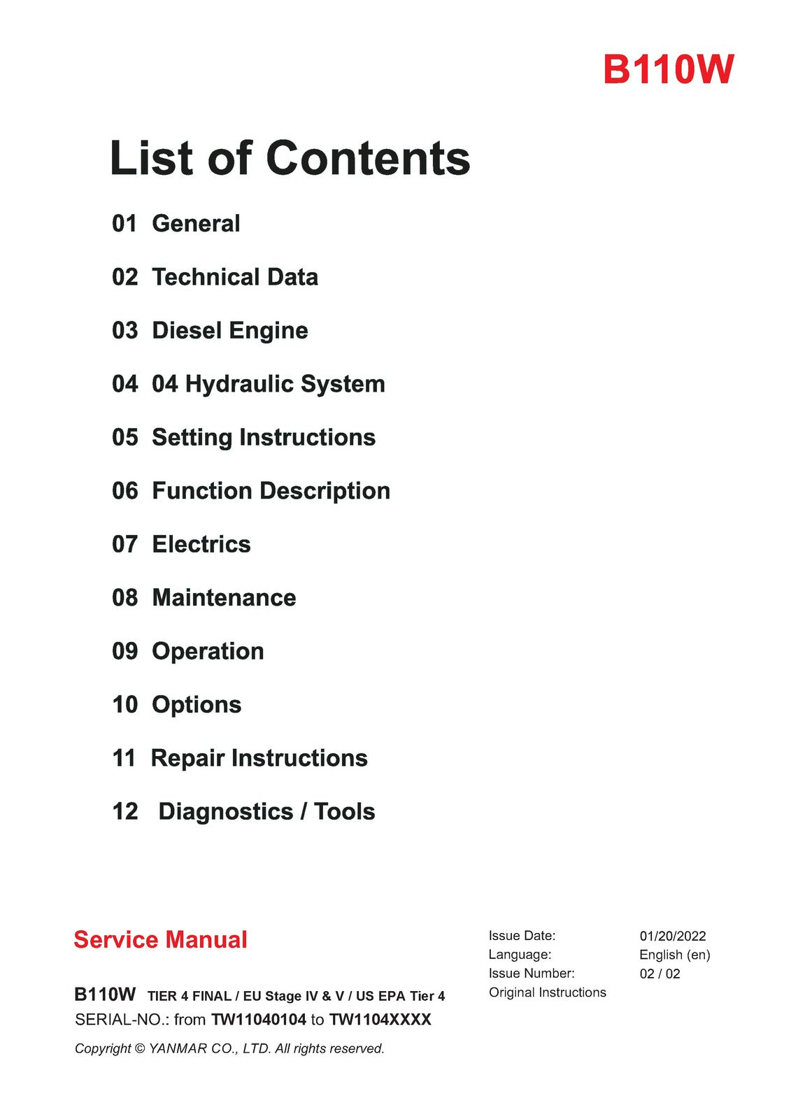 YANMAR B110W Excavator Service Manual SN TW11040104 Up, BOUND, COVERS, FOLDOUTS