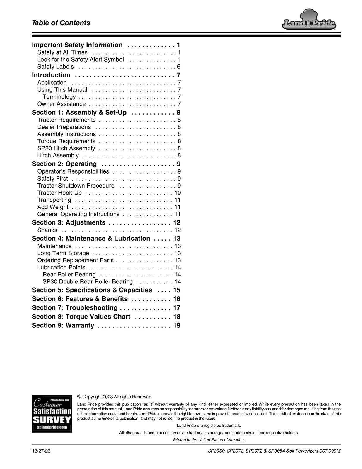 LAND PRIDE SP20 Series Soil Pulverizers Operators Manual - WIRE BOUND - COVERS