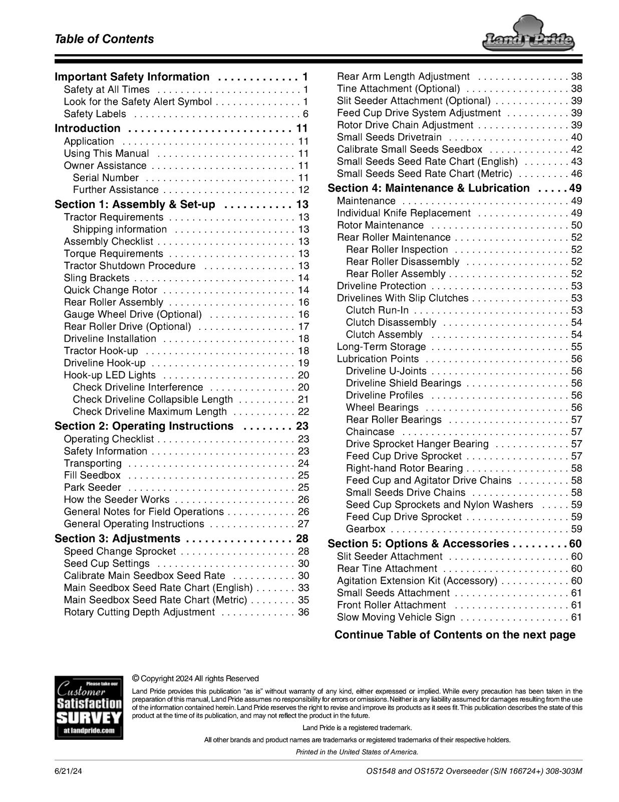 LAND PRIDE OS15 Series Overseeders Operators Manual - WIRE BOUND - TOUGH COVERS