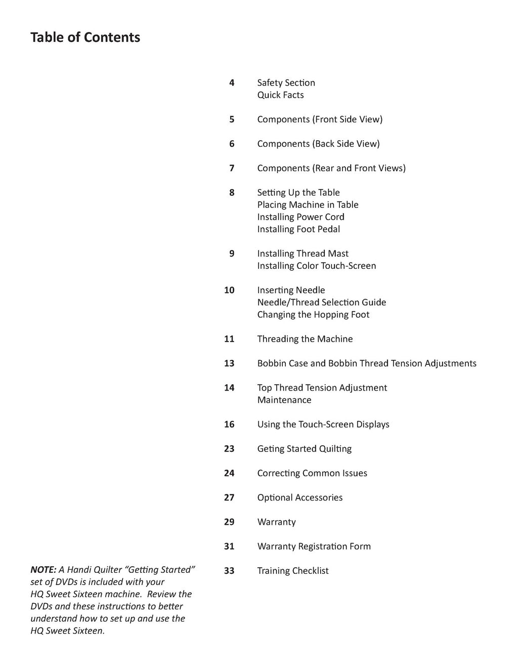 HANDI QUILTER HQ Sweet Sixteen User Manual QM30270, v 2.0, 2014, BOUND, COVERS