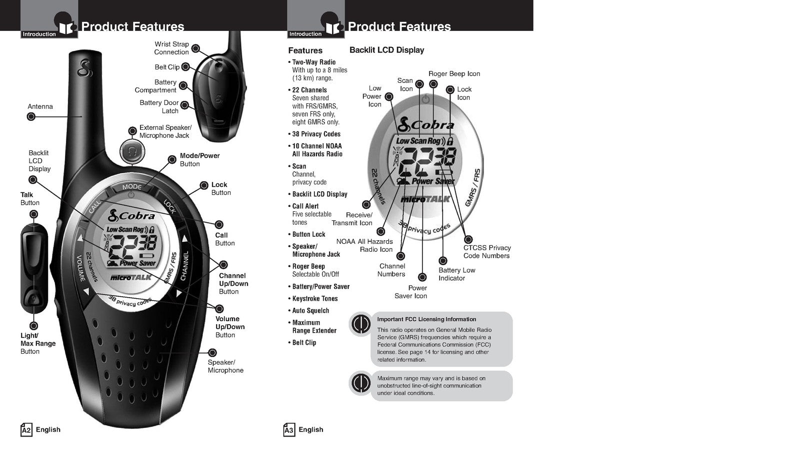 COBRA PR250WX microTALK Two-Way Radio Owners Manual - WIRE BOUND - TOUGH COVERS