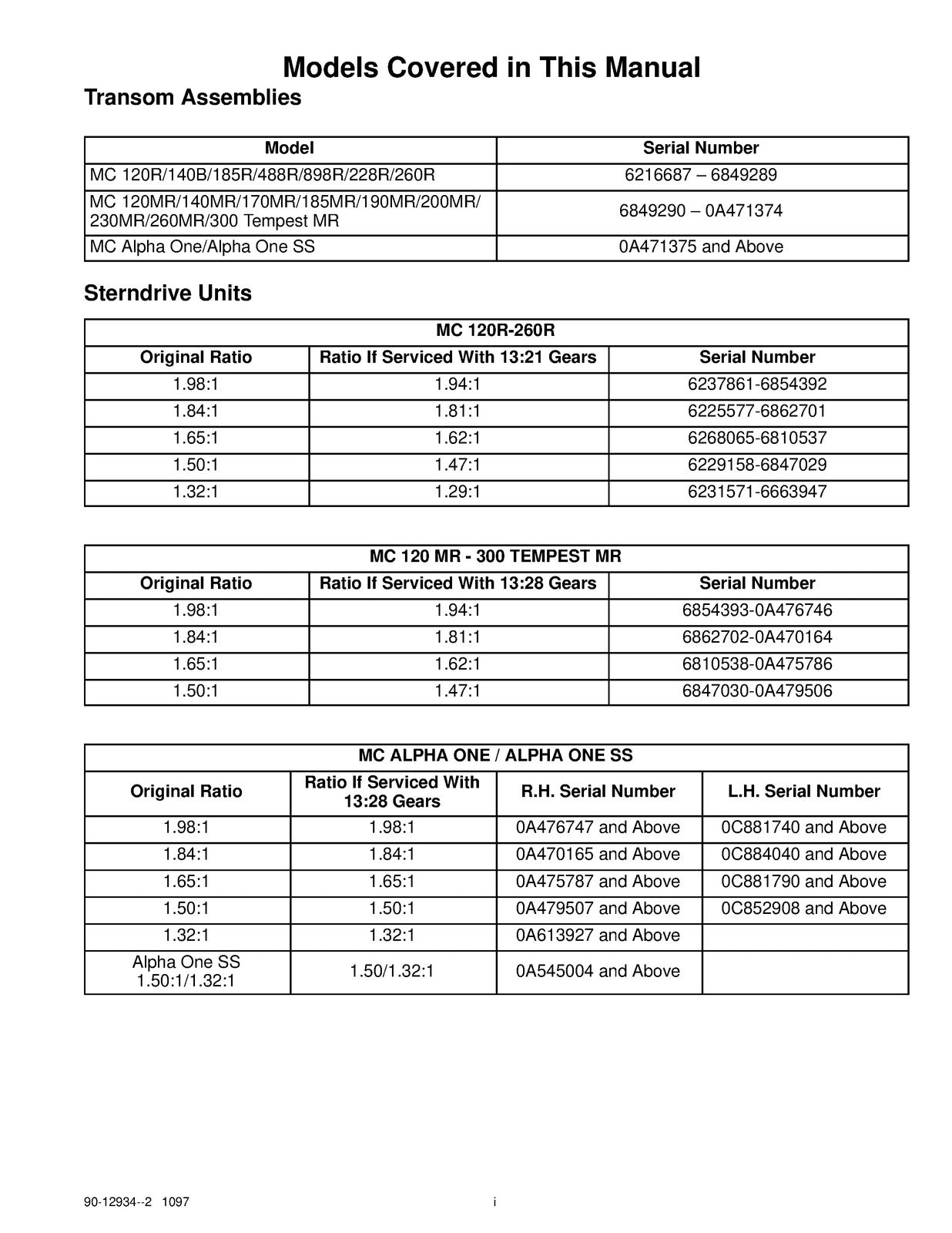 MERCURY MERCRUISER R MR Alpha One Alpha One SS Service Manual 1997 - WIRE BOUND
