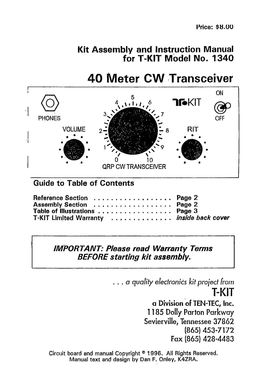 TEN TEC 1340 40 Meter CW Transceiver Instruction Manual - WIRE BOUND - COVERS