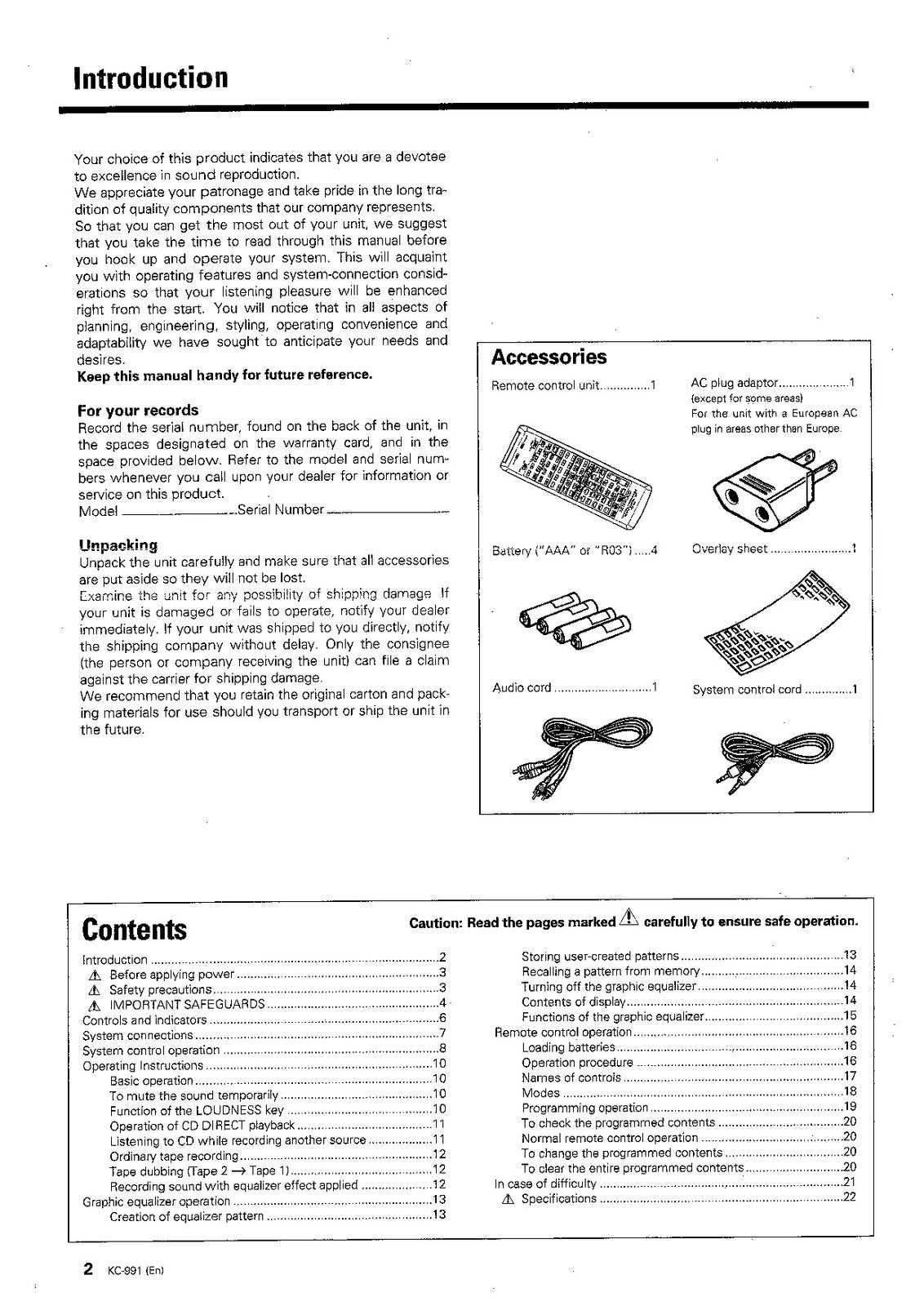 KENWOOD KC-991 Audio Component Instruction Manual - WIRE BOUND - TOUGH COVERS