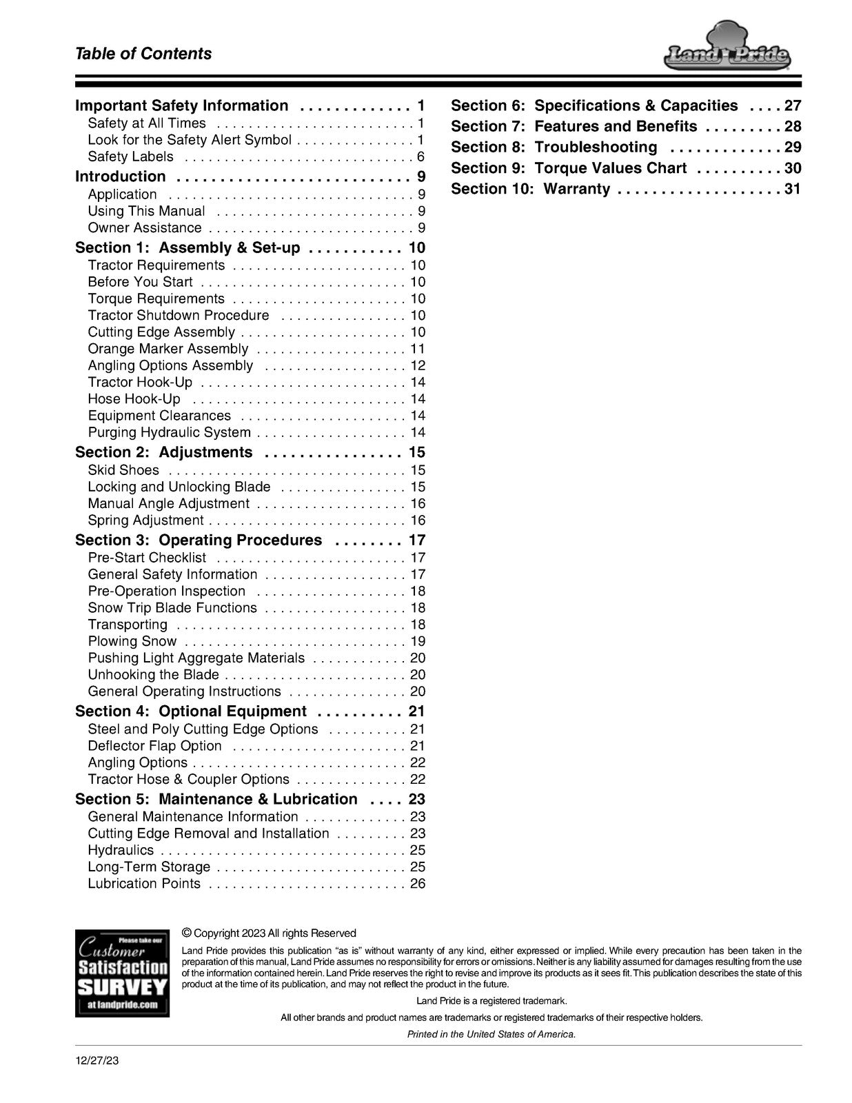 LAND PRIDE STB05 Series Snow Trip Blades Operators Manual - WIRE BOUND - COVERS