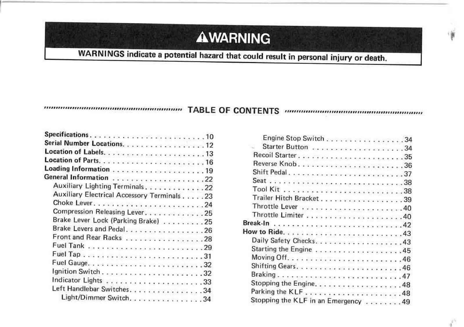 KAWASAKI Bayou 220 Owners Manual 1993 - STEEL WIRE BOUND - PROTECTIVE COVERS