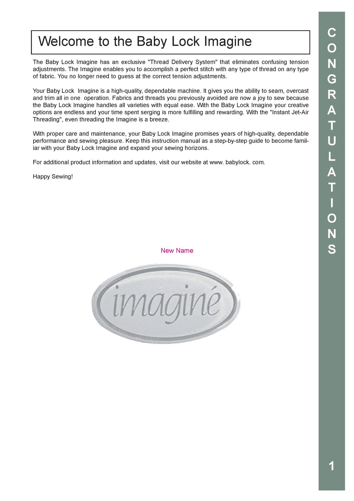 BABY LOCK Imagine BLE1AT-2 Serger Instruction Manual SPIRAL BINDER, TOUGH FRONT
