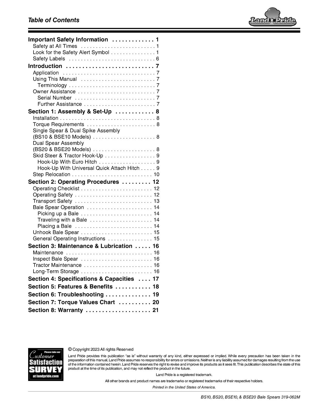 LAND PRIDE BS10 BS20 BSE20 Series Bale Spears Operators Manual - WIRE BOUND