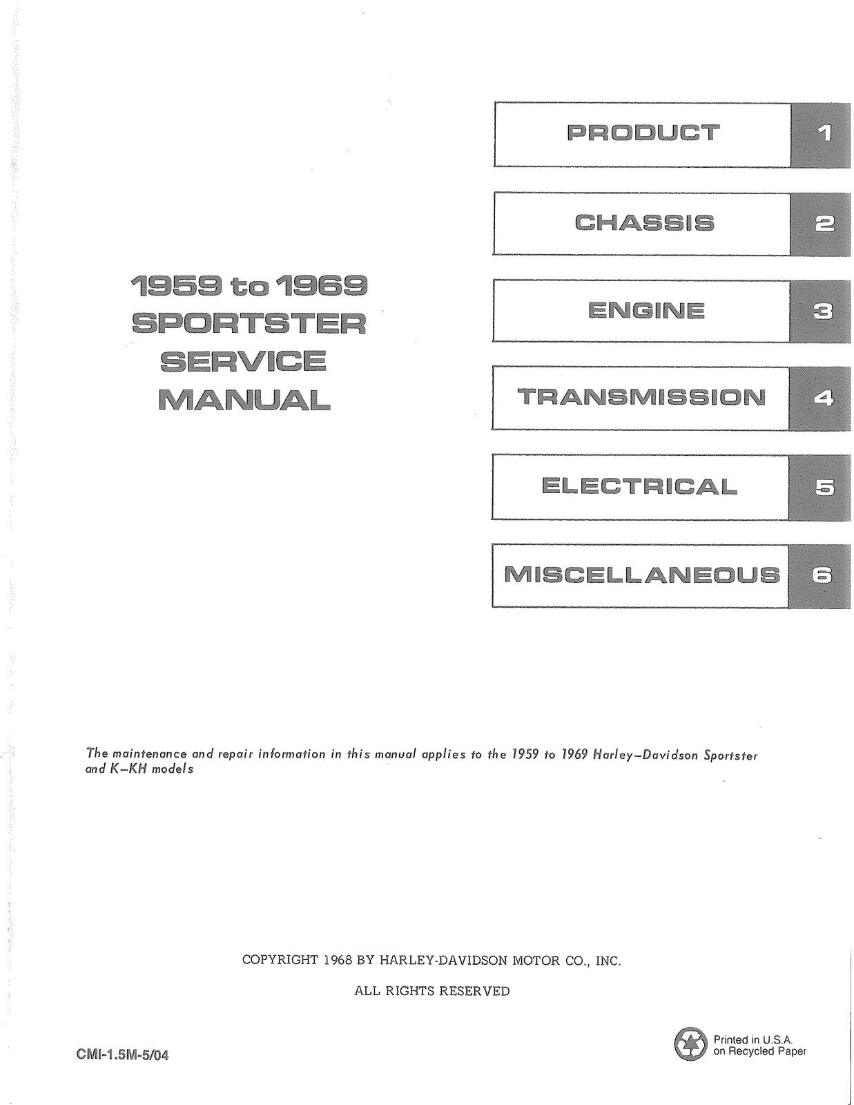 HARLEY-DAVIDSON Sportster K KH Service Manual 1959 To 1969 - WIRE BOUND - COVERS