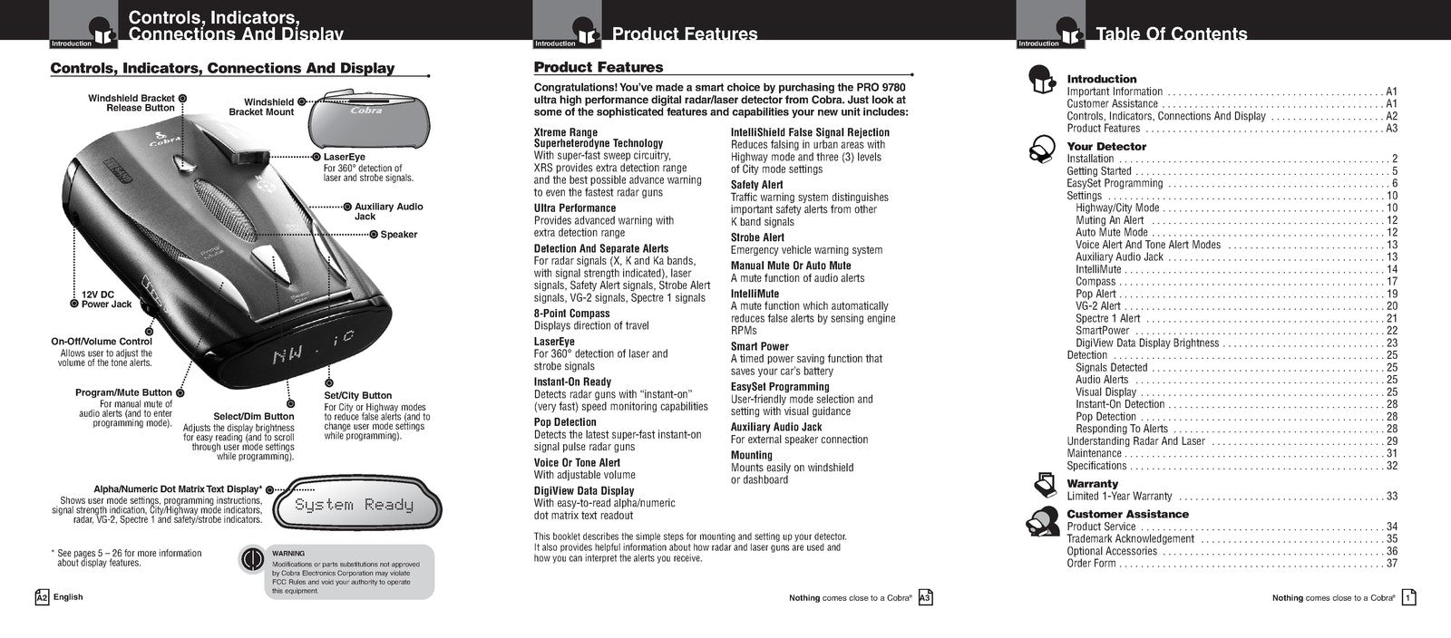 COBRA PRO 9780 Radar Laser Detector Operating Instructions Manual 2004 - BOUND