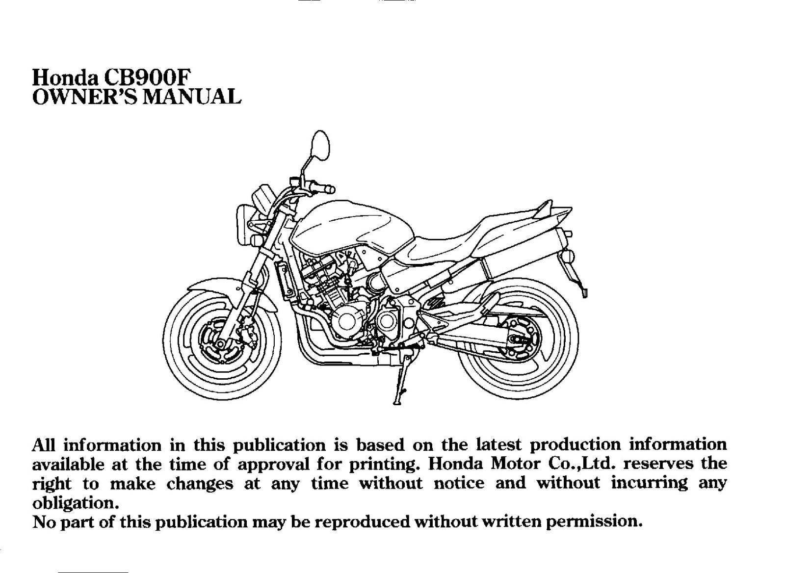 HONDA CB900F Motorcycle Owners Manual 2001 - BOUND - COVERS - XL FOLDOUT PAGES