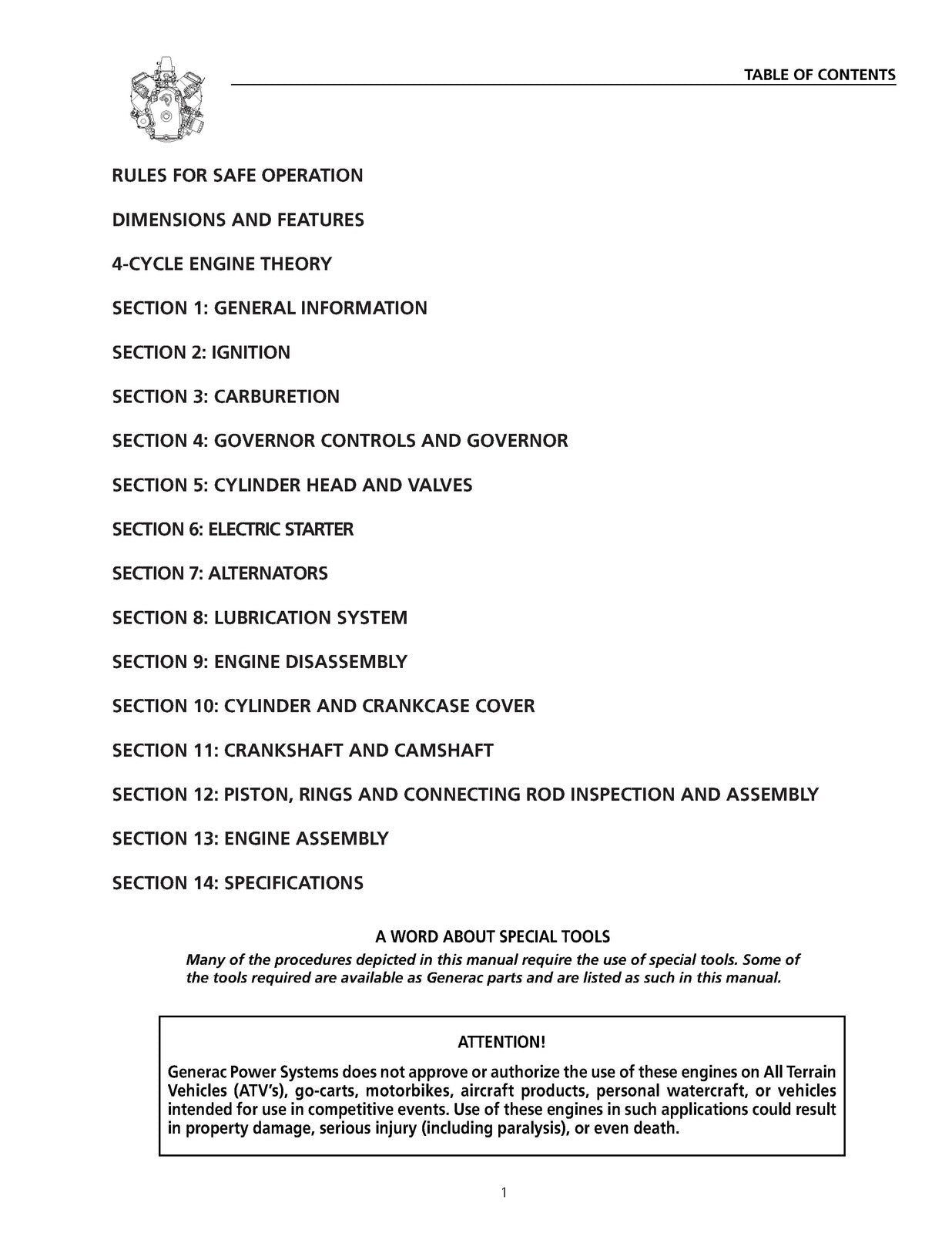 GENERAC GTV 900 760 V-Twin OHVI Engine Service Manual - WIRE BOUND - COVERS