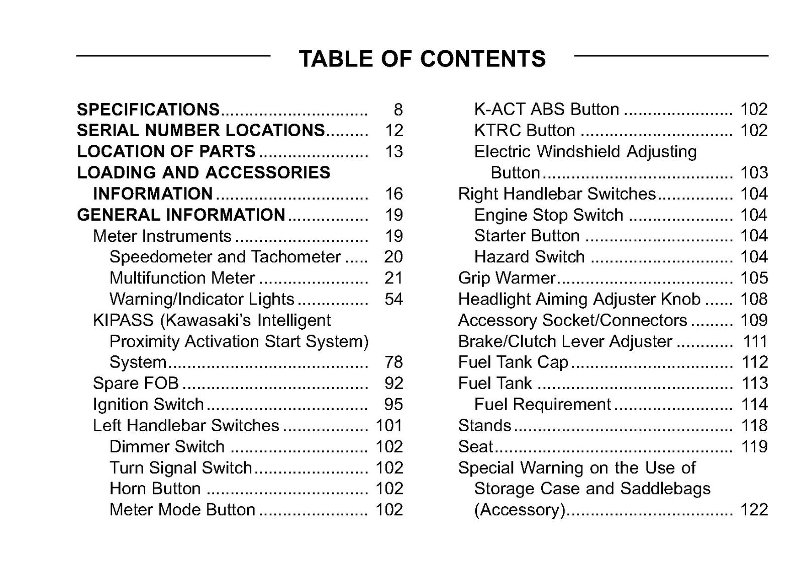 KAWASAKI Concours 14 Owners Manual 2010 - STEEL WIRE BOUND - PROTECTIVE COVERS
