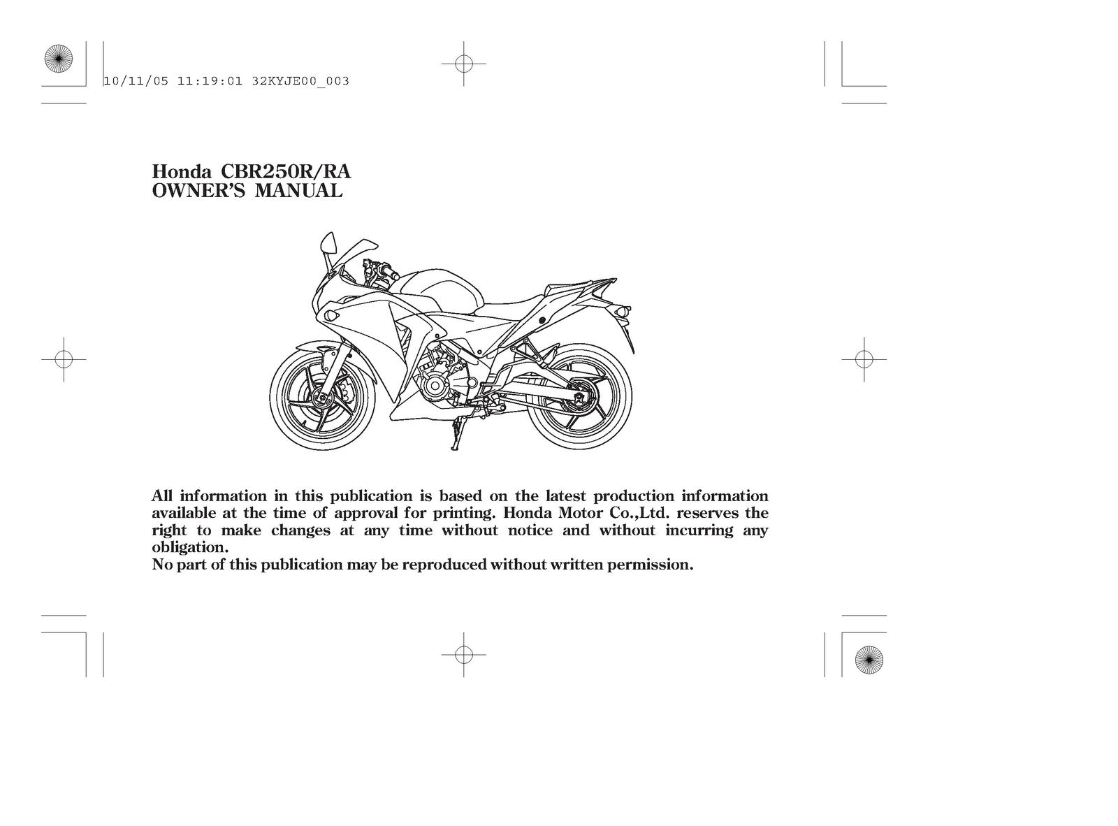 HONDA CBR250R CBR250RA Motorcycle Owners Manual 2010 - WIRE BOUND - TOUGH COVERS