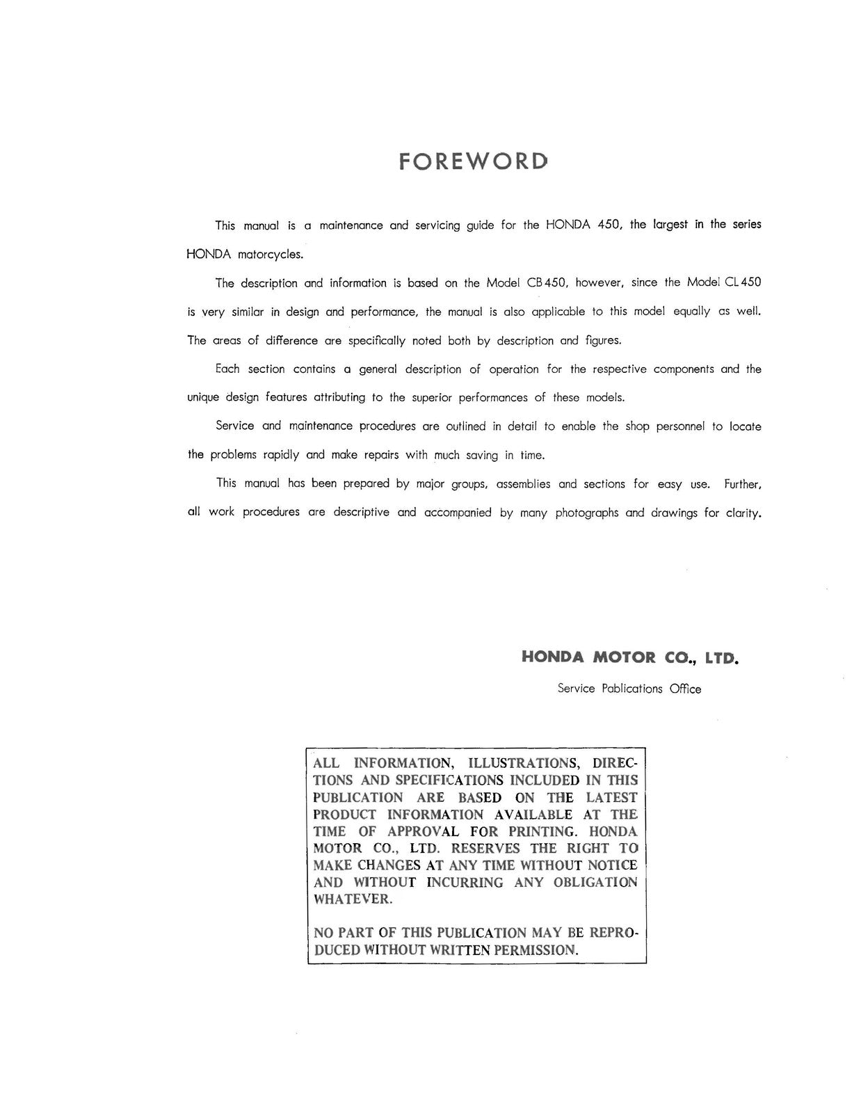 HONDA CB450 CL450 Motorcycle Factory Service Manual - WIRE BOUND - TOUGH COVERS