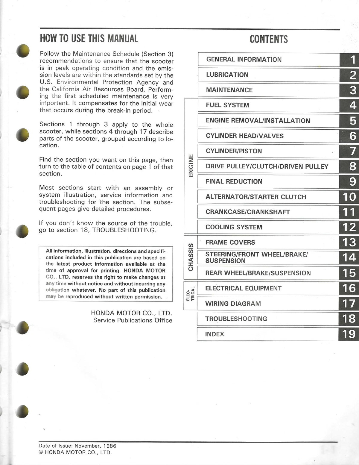 HONDA CH150 Elite 150 Scooter Service Manual 1986 - WIRE BOUND - TOUGH COVERS
