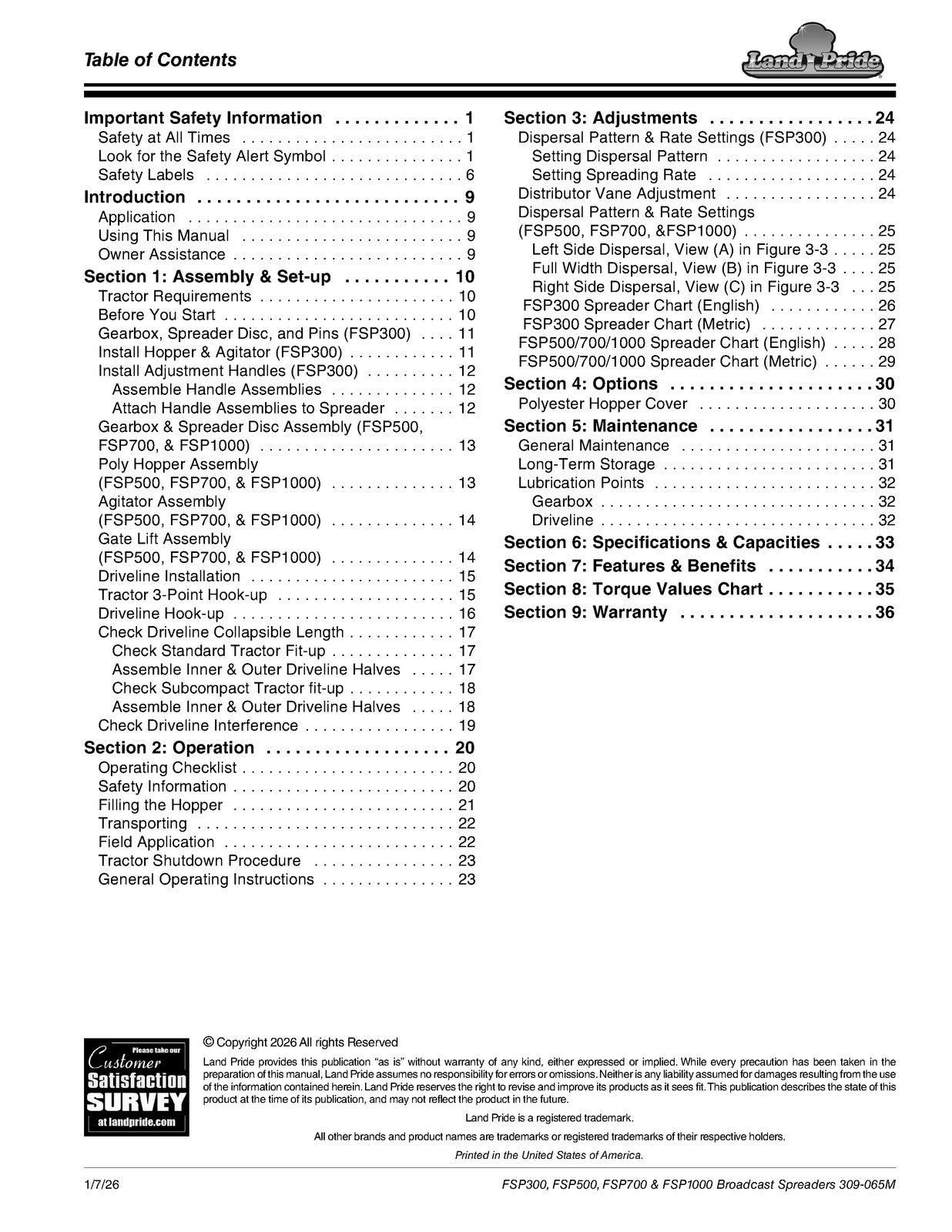 LAND PRIDE FSP Series Spreaders Operators Manual - WIRE BOUND - TOUGH COVERS