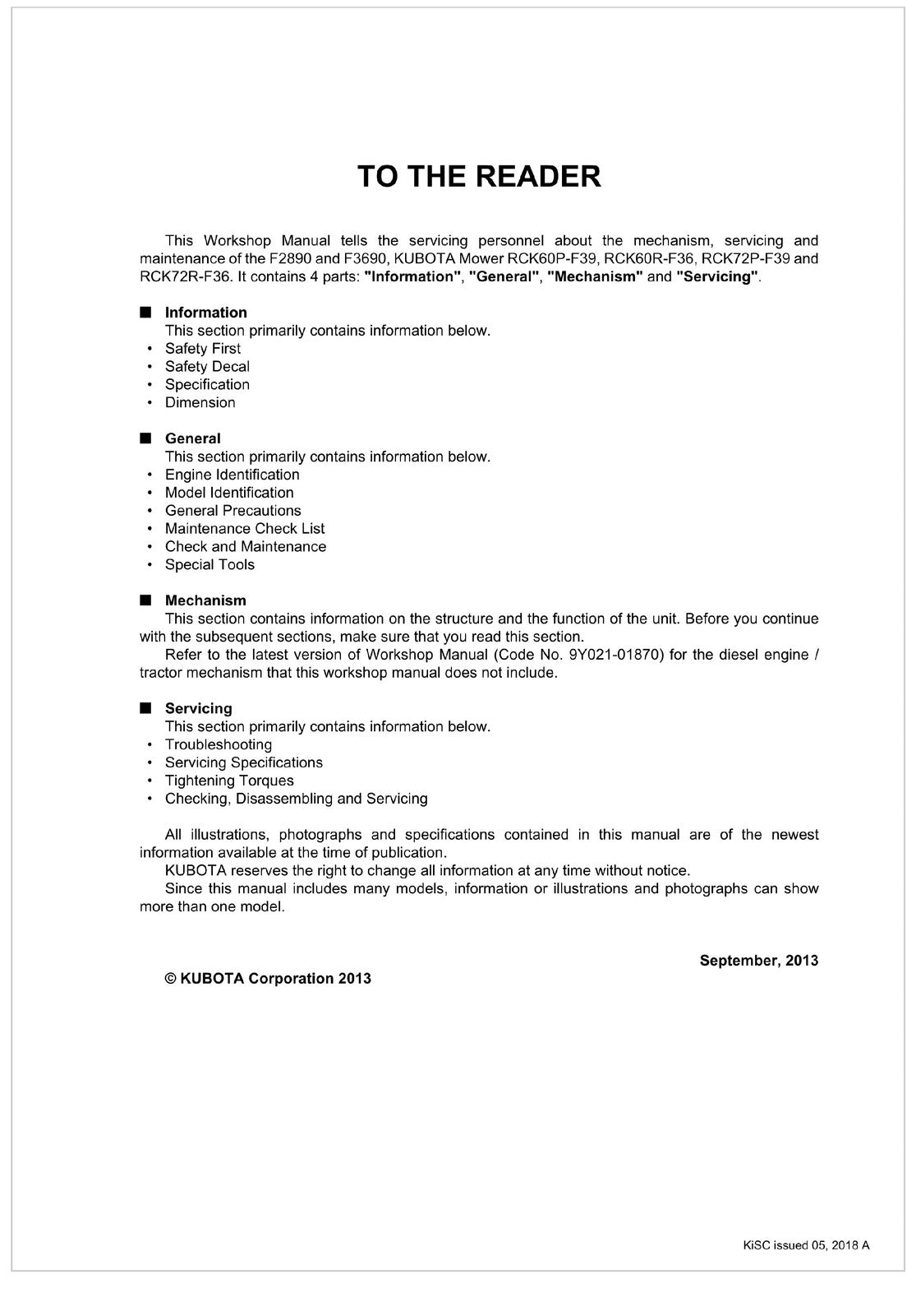 KUBOTA F2890 F3690 RCK60P-F39 RCK60R-F36 RCK72P-F39 F36 Workshop Manual - BOUND