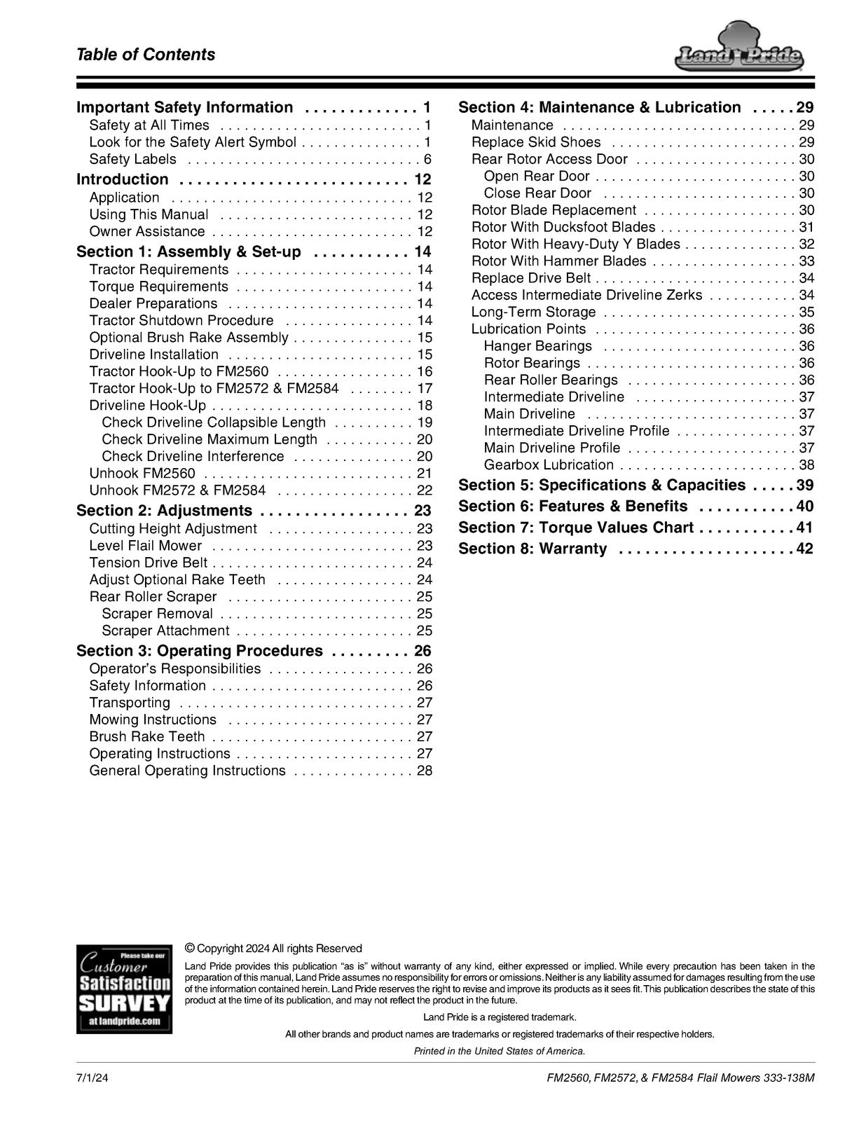 LAND PRIDE FM25 Series Flail Mowers Operators Manual - WIRE BOUND - TOUGH COVERS