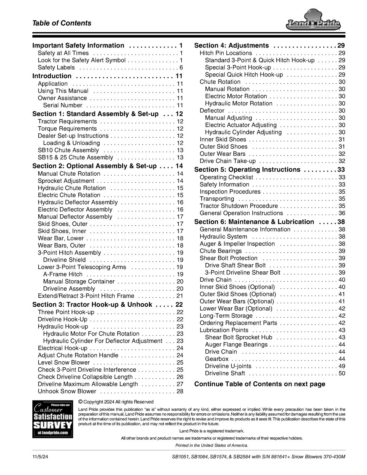 LAND PRIDE SB10 Series Snow Blowers Operators Manual - WIRE BOUND - TOUGH COVERS