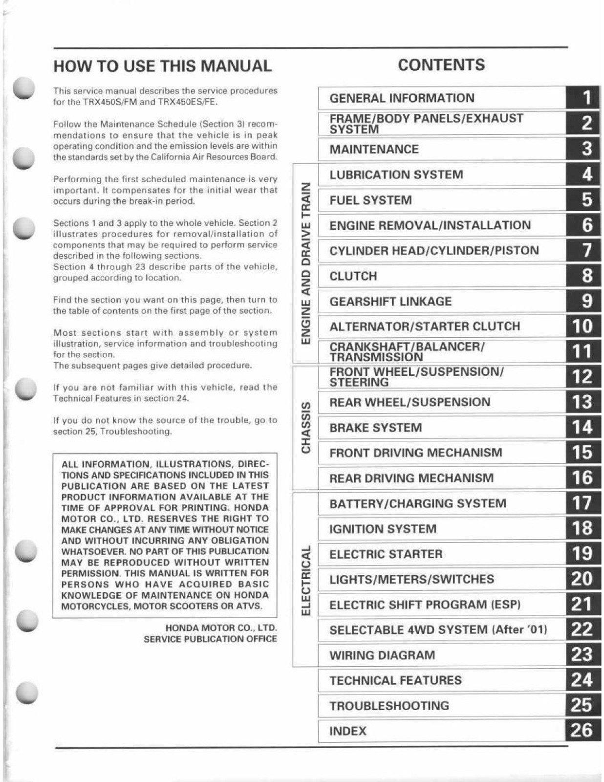 HONDA TRX450 Foreman ATV Service Manual 1998-2004 - WIRE BOUND - TOUGH COVERS
