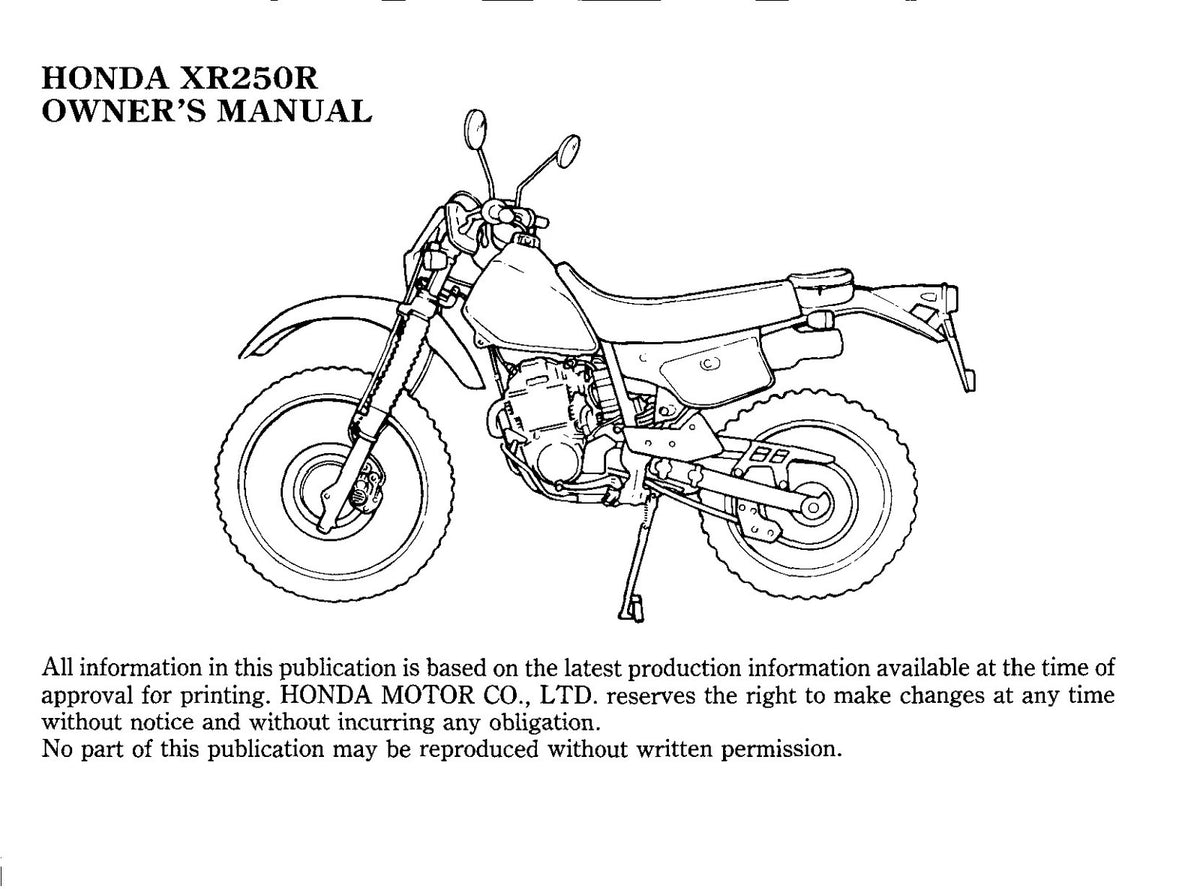 HONDA XR250R Owners Manual 1988 - BOUND - COVERS - XL FOLDOUT PAGES