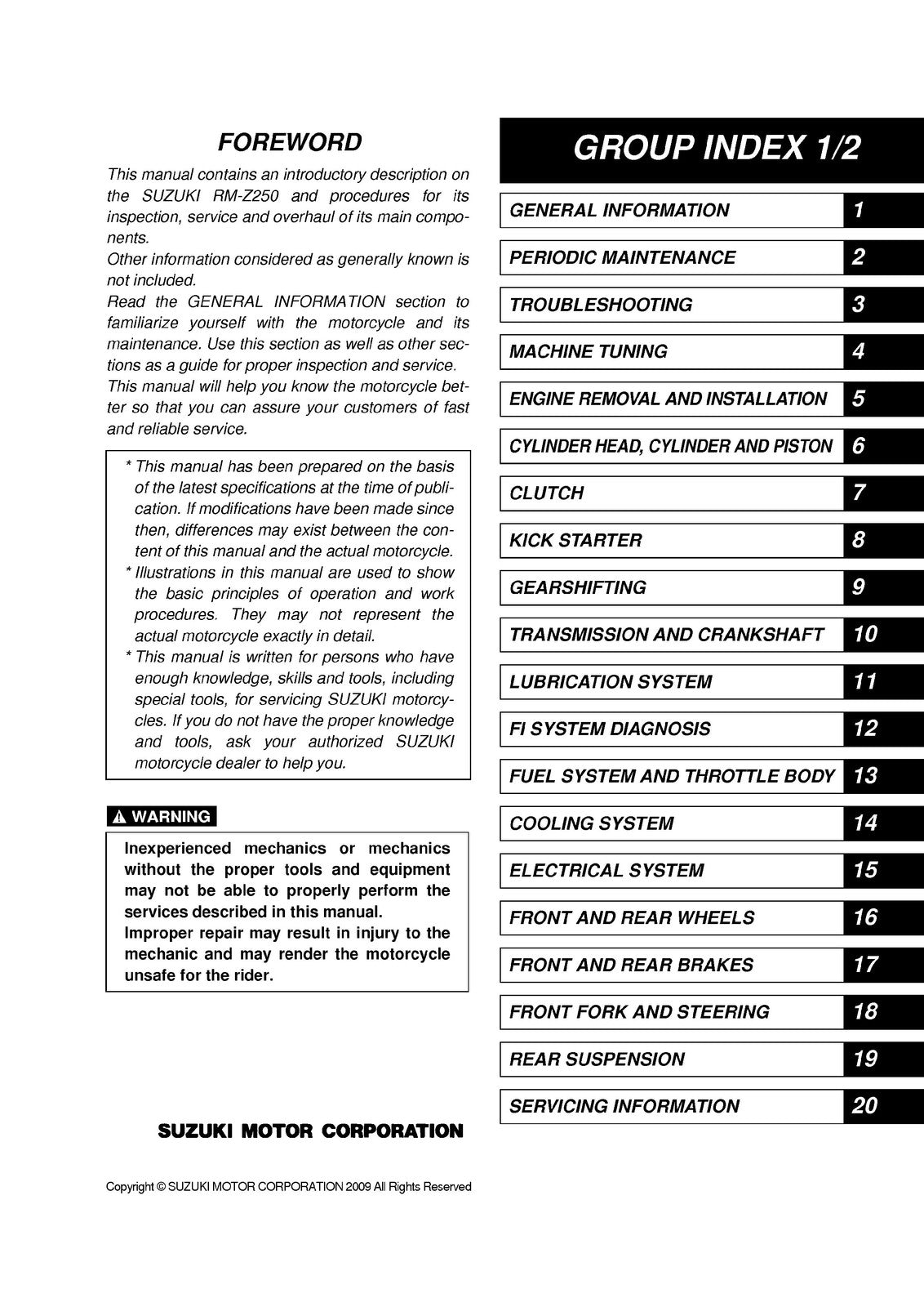 SUZUKI RM-Z250 Motorcycle Service Manual 2011-2018 - WIRE BOUND - TOUGH COVERS