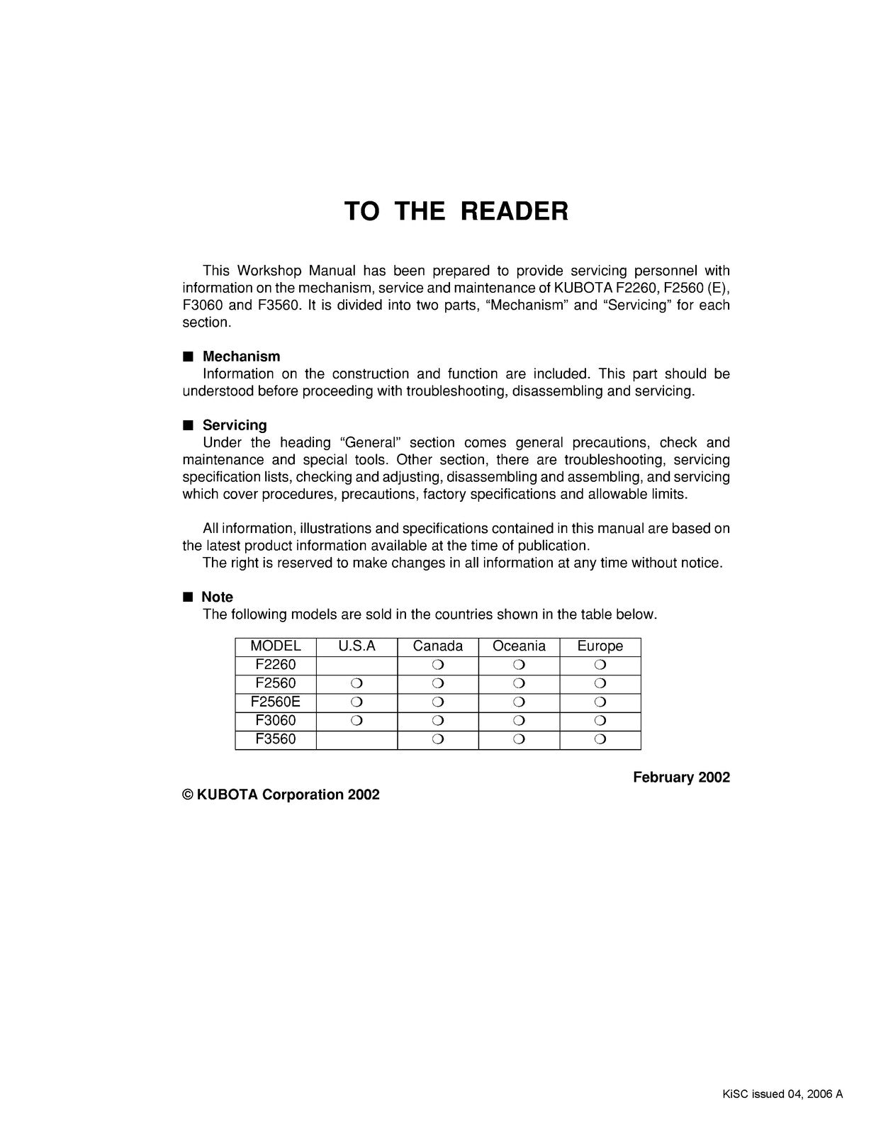 KUBOTA F2260 F2560 F3060 F3560 Front Mount Mower Workshop Manual 2002, FOLDOUTS