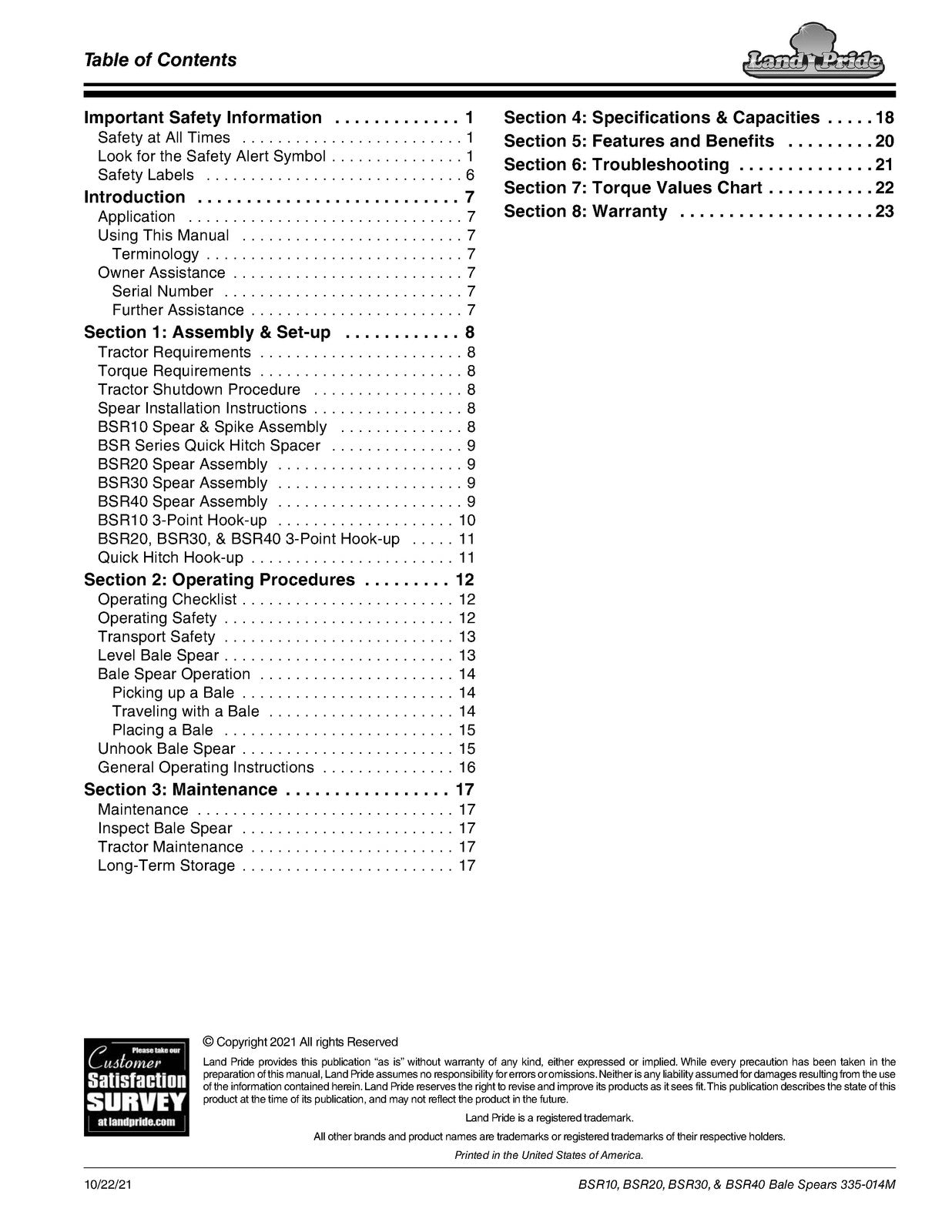 LAND PRIDE BSR10 Series Bale Spears Operators Manual - WIRE BOUND - TOUGH COVERS