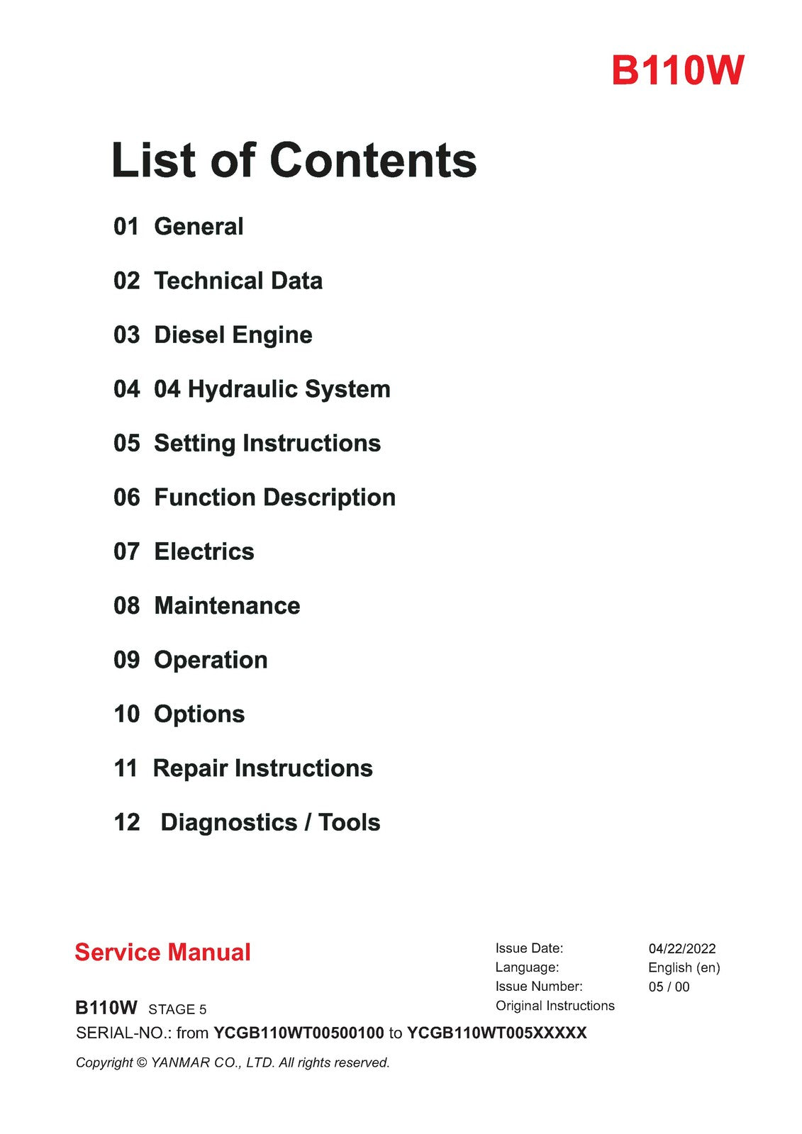 YANMAR B110W Stage 5 Excavator Service Manual SN YCGB110WT00500100 Up, FOLDOUTS