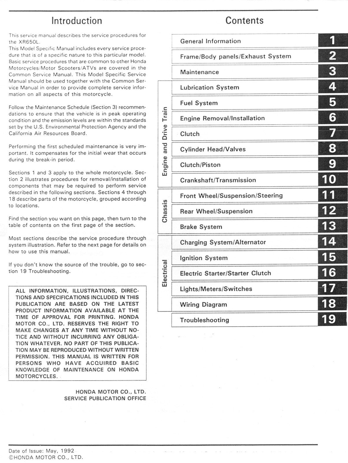 HONDA XR650L Motorcycle Service Manual - STEEL WIRE BOUND - PROTECTIVE COVERS