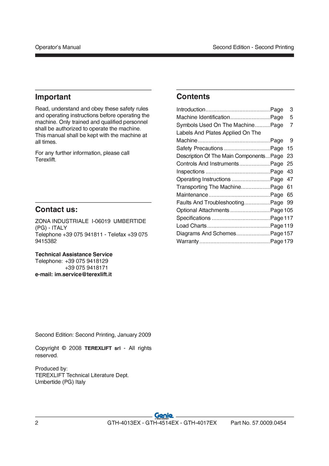 GENIE GTH-4013EX GTH-4514EX GTH-4017EX Telehandler Operators Manual 2009 - BOUND