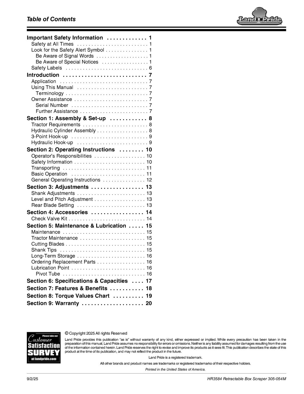 LAND PRIDE HR3584 Box Scrapers Operators Manual - WIRE BOUND - TOUGH COVERS