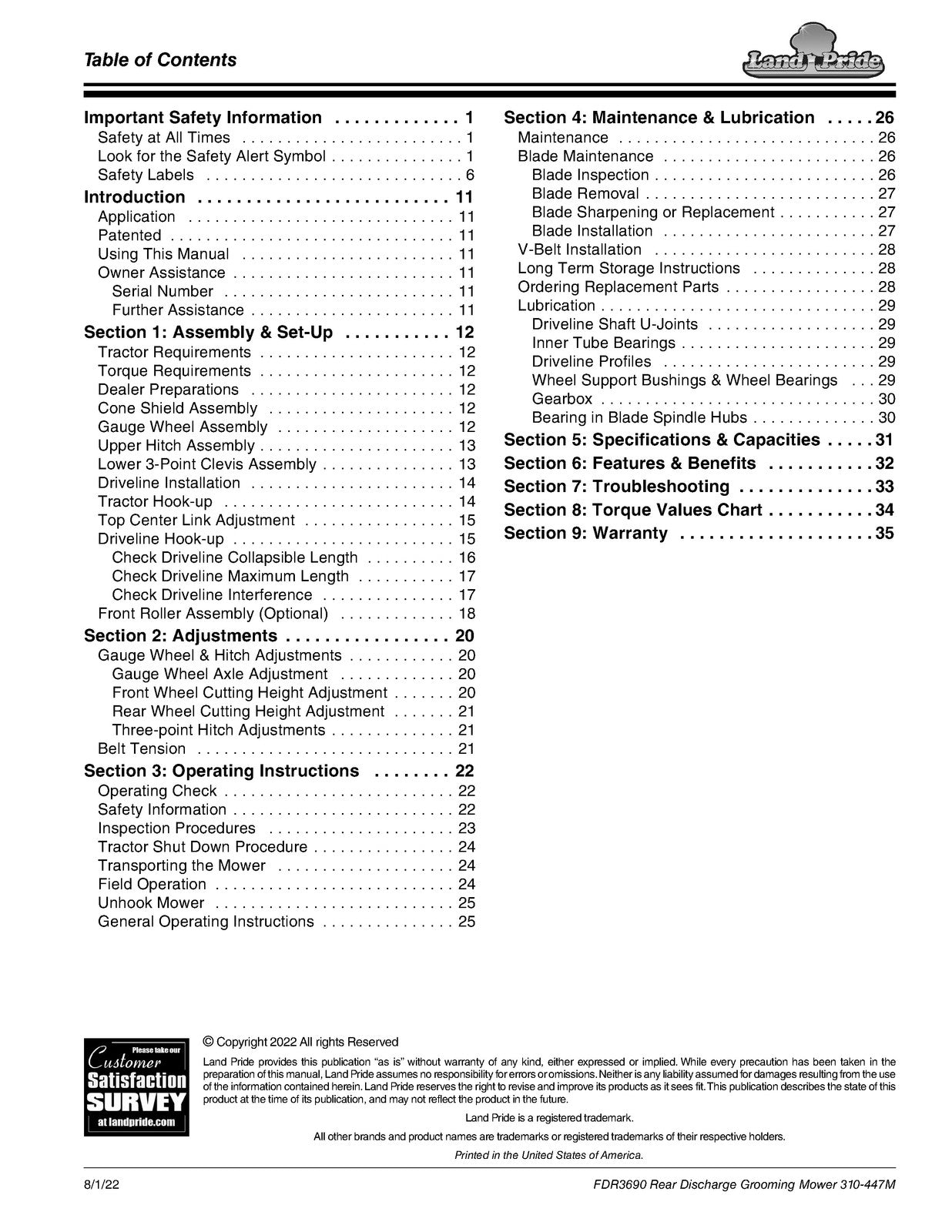 LAND PRIDE FDR36 Series Grooming Mowers Operators Manual - WIRE BOUND - COVERS