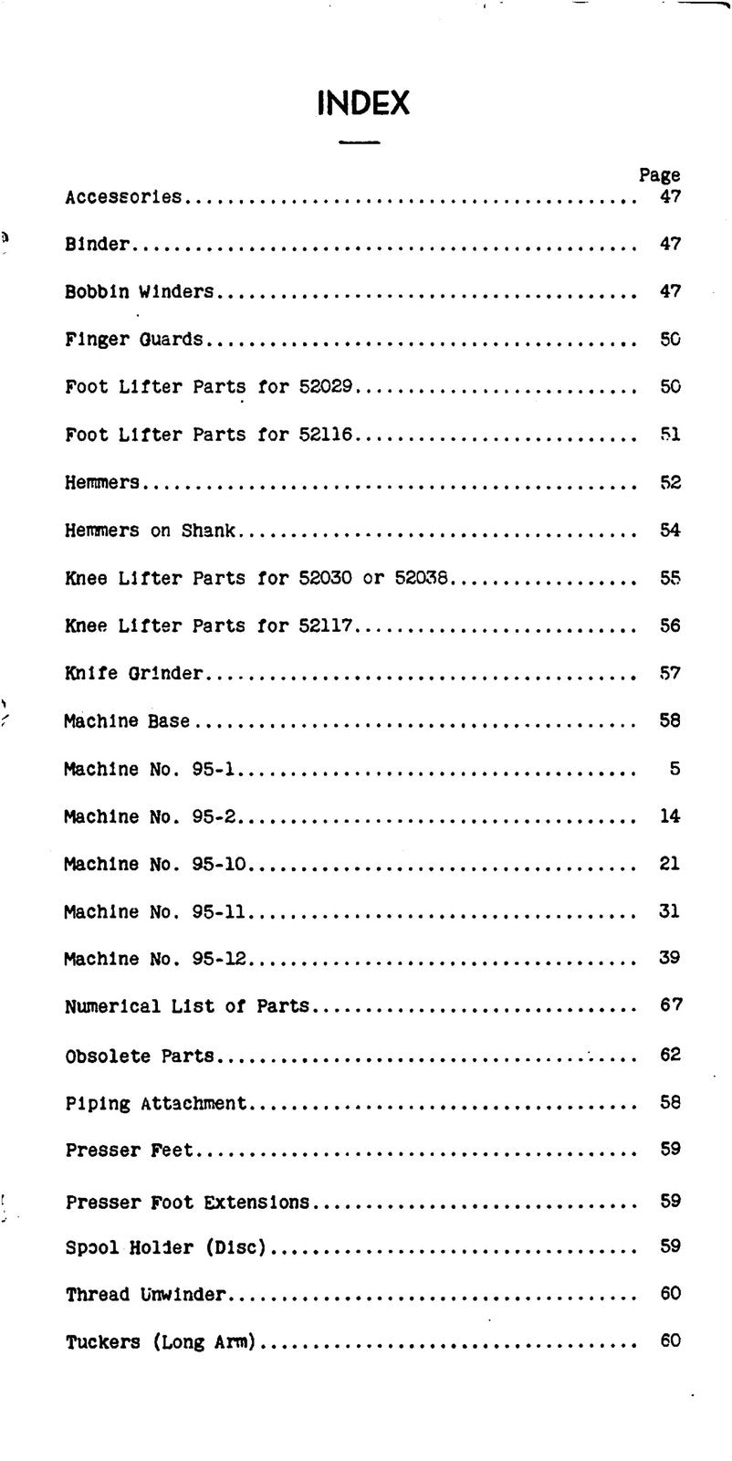 SINGER 95-1 95-2 95-10 95-11 95-12 LIST OF PARTS - WIRE BOUND, PROTECTIVE COVERS